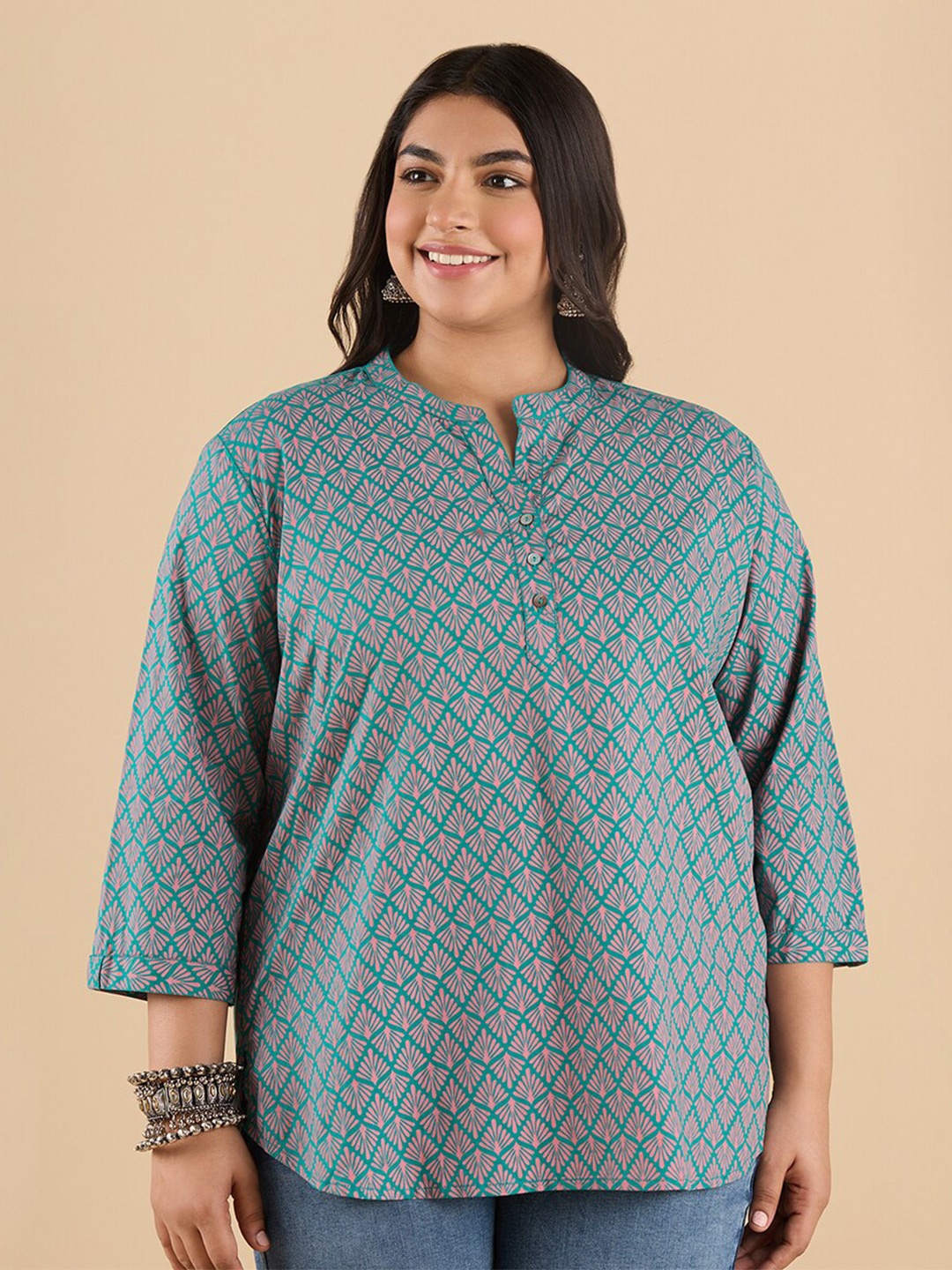 

Big Hello - The Plus Life Ethnic Printed Mandarin Collar Pure Cotton Kurti, Green