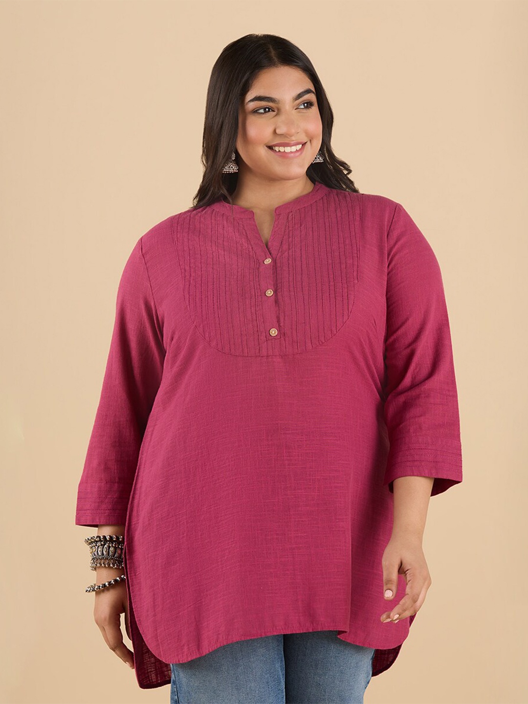 

Big Hello - The Plus Life Mandarin Collar Pure Cotton Straight Kurti, Pink