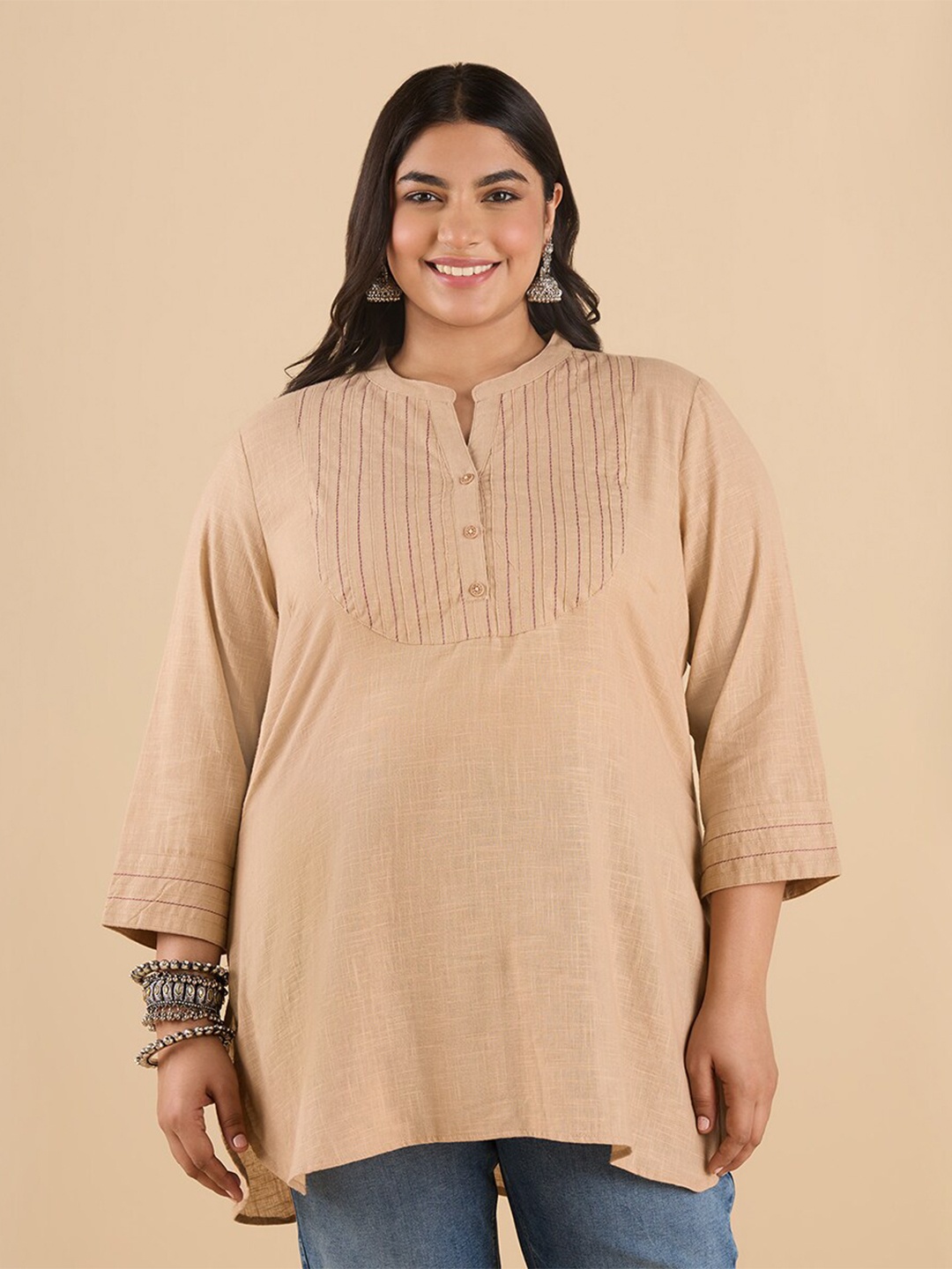 

Big Hello - The Plus Life Mandarin Collar Pure Cotton Kurti, Beige