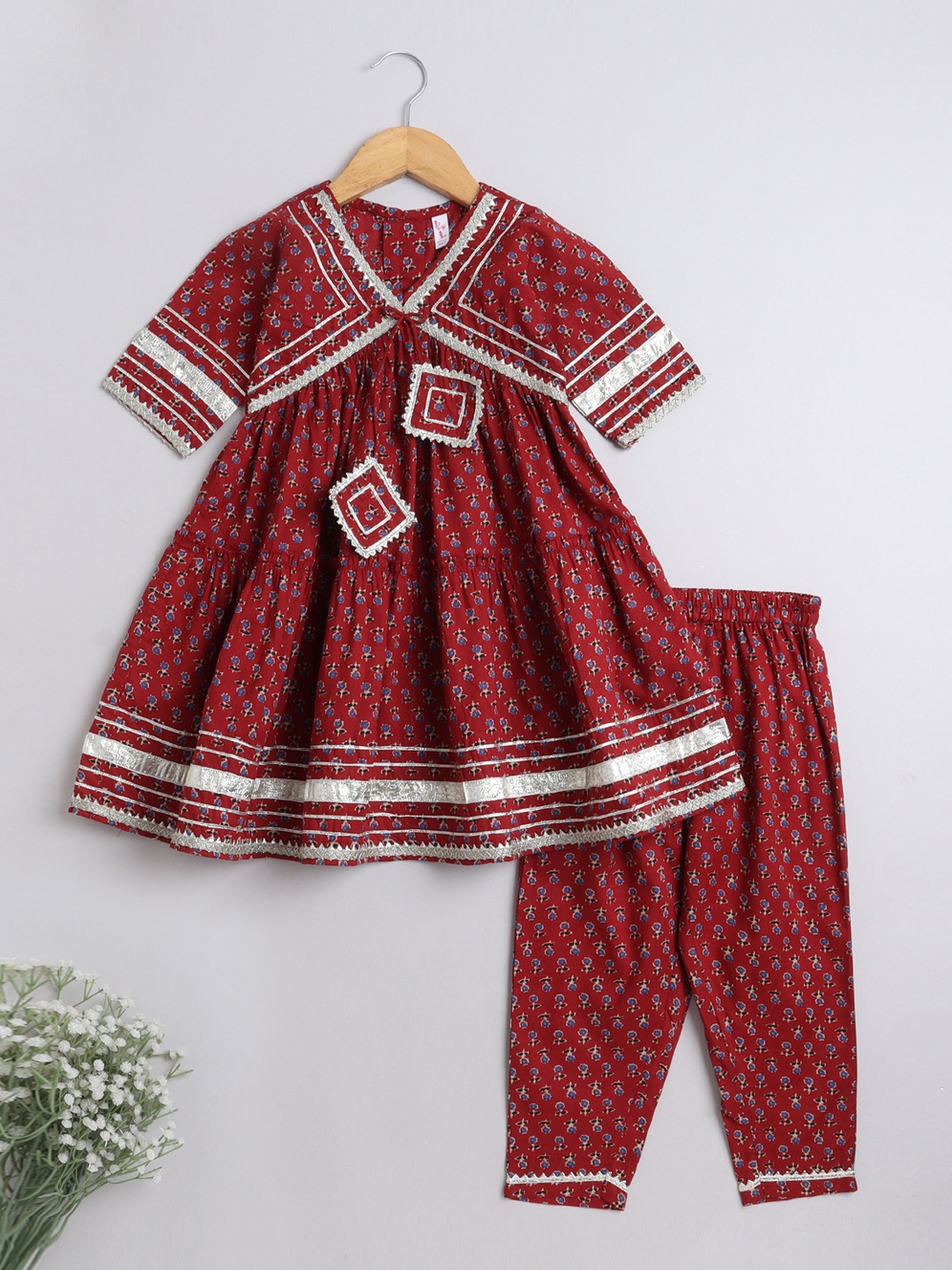 

The Magic Wand Girls Ethnic Printed Gotta Patti A-Line Pure Cotton Kurta with Salwar, Maroon