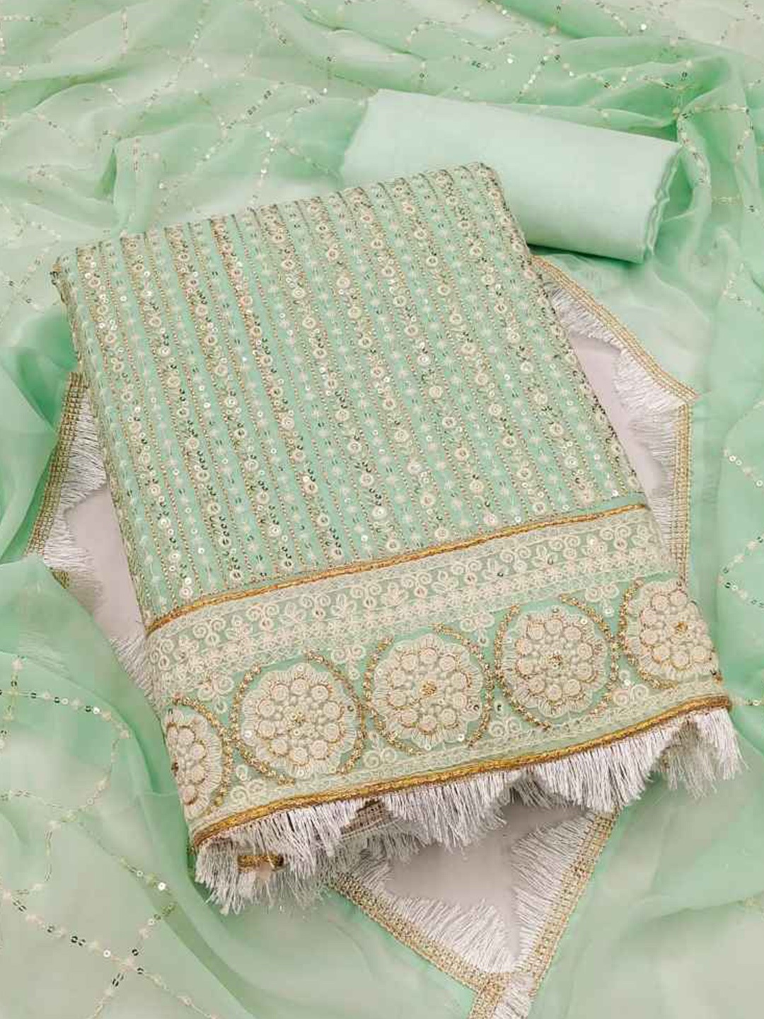 

faxofab Embroidered Silk Georgette Unstitched Dress Material, Sea green