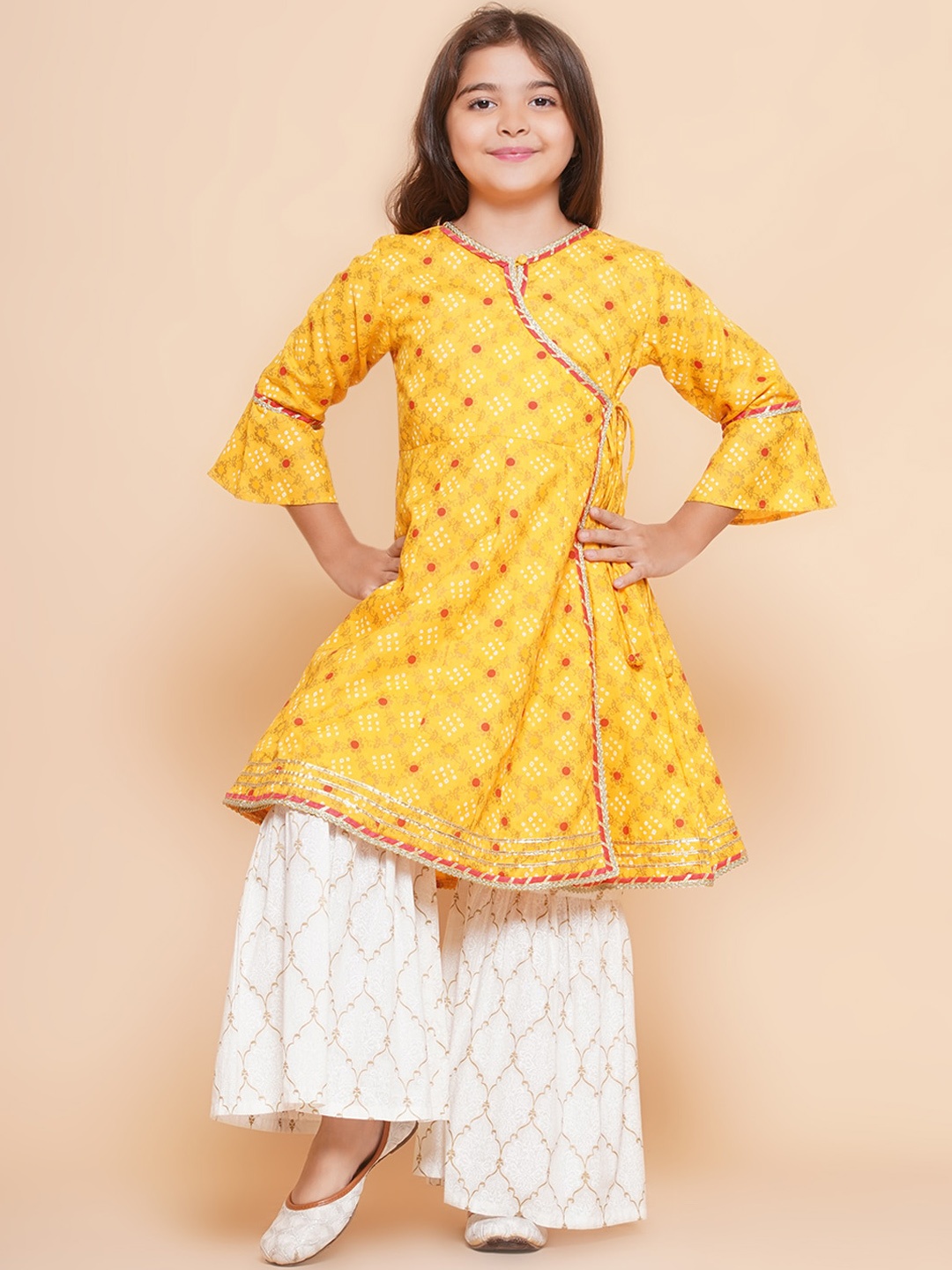 

Bitiya by Bhama Girls Ethnic Motifs Printed Angrakha Gotta Patti Pure Cotton Kurta with Sharara, Yellow