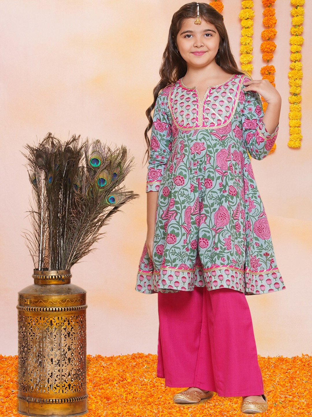 

Bitiya by Bhama Girls Floral Printed Empire Gotta Patti Pure Cotton Kurta with Palazzo, Blue