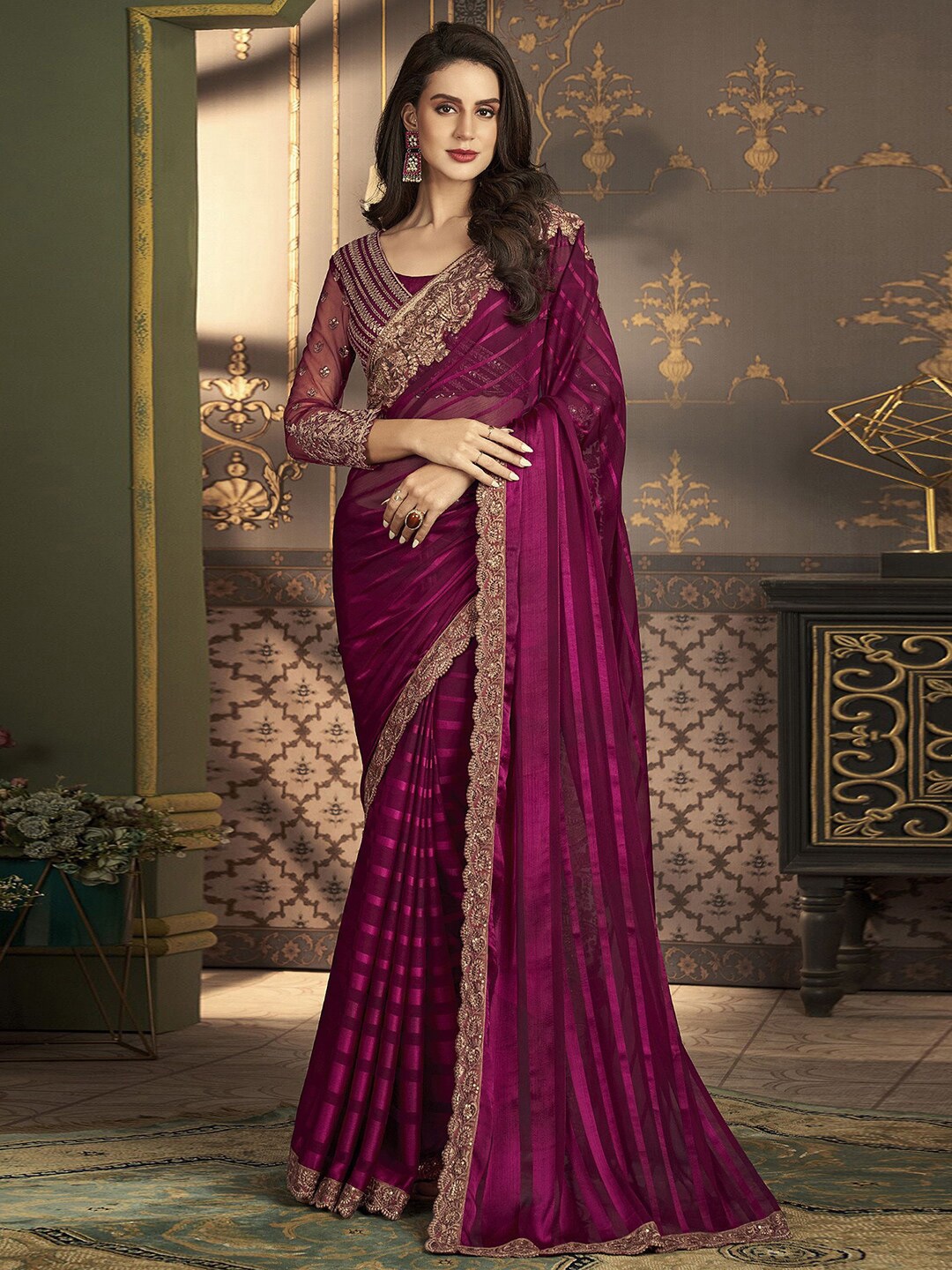 

Mitera Striped Woven Design Embroidered Pure Chiffon Leheriya Saree, Purple