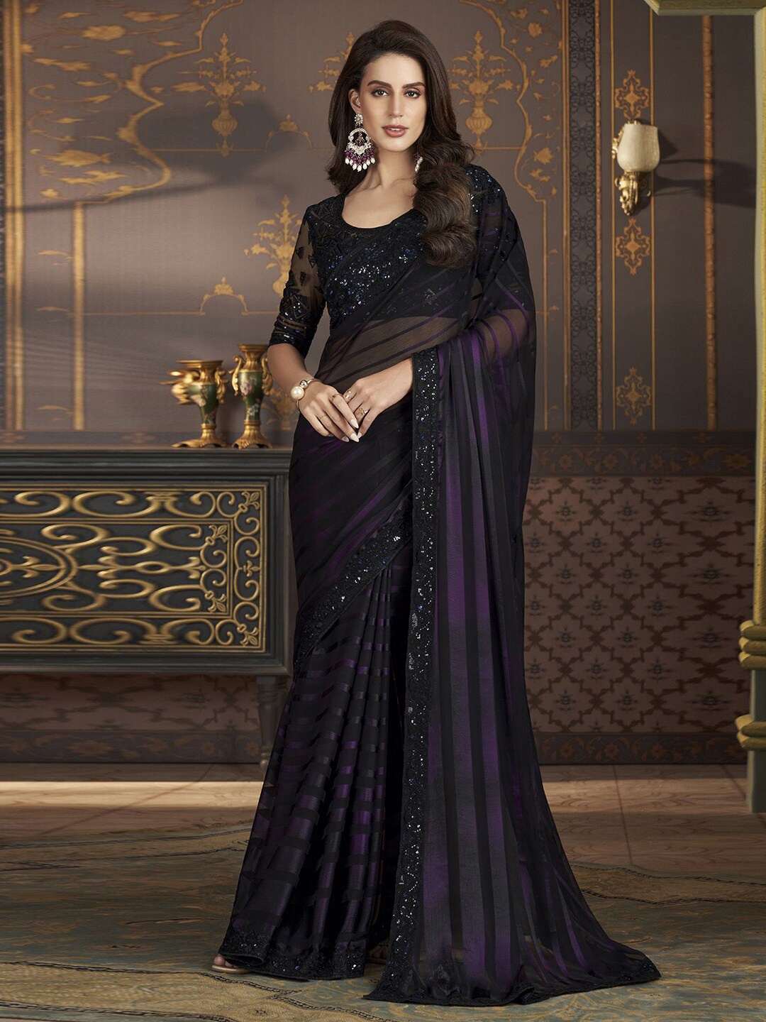 

Mitera Black & Purple Striped Sequinned Pure Chiffon Leheriya Saree