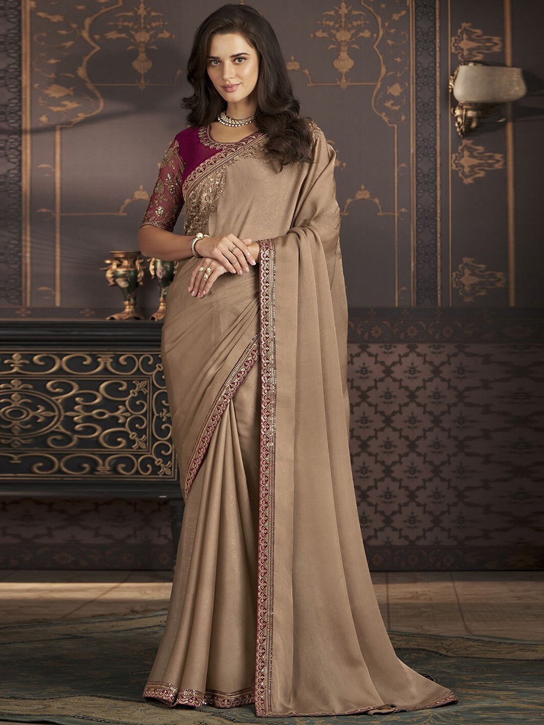 

Mitera Embroidered Chettinad Saree, Beige