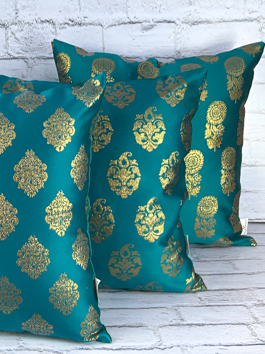 

Pink Parrot Green & Gold-Toned Set of 5 Ethnic Motifs Square Cushion Covers