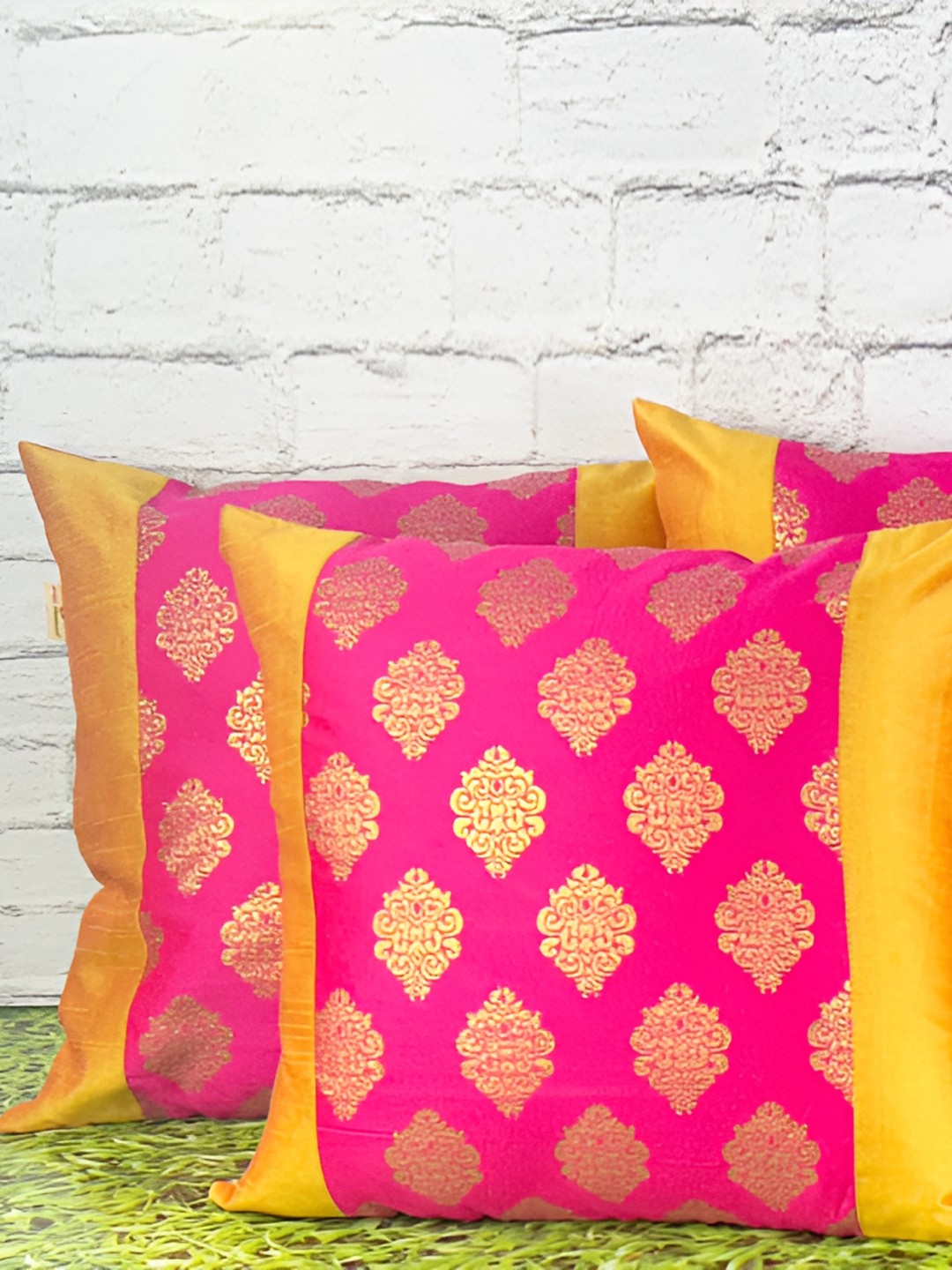 

Pink Parrot Pink & Yellow Set of 5 Ethnic Motifs Square Cushion Covers