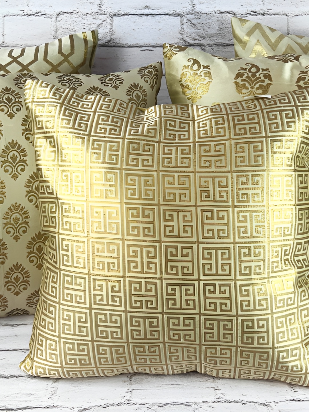 

Pink Parrot Green & Gold-Toned Set of 5 Ethnic Motifs Square Cushion Covers