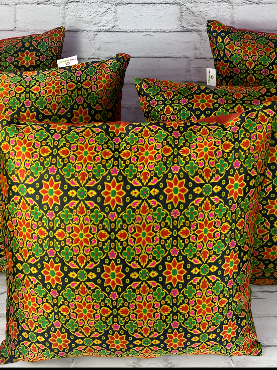 

Pink Parrot Green & Red Set of 5 Ethnic Motifs Square Cushion Covers