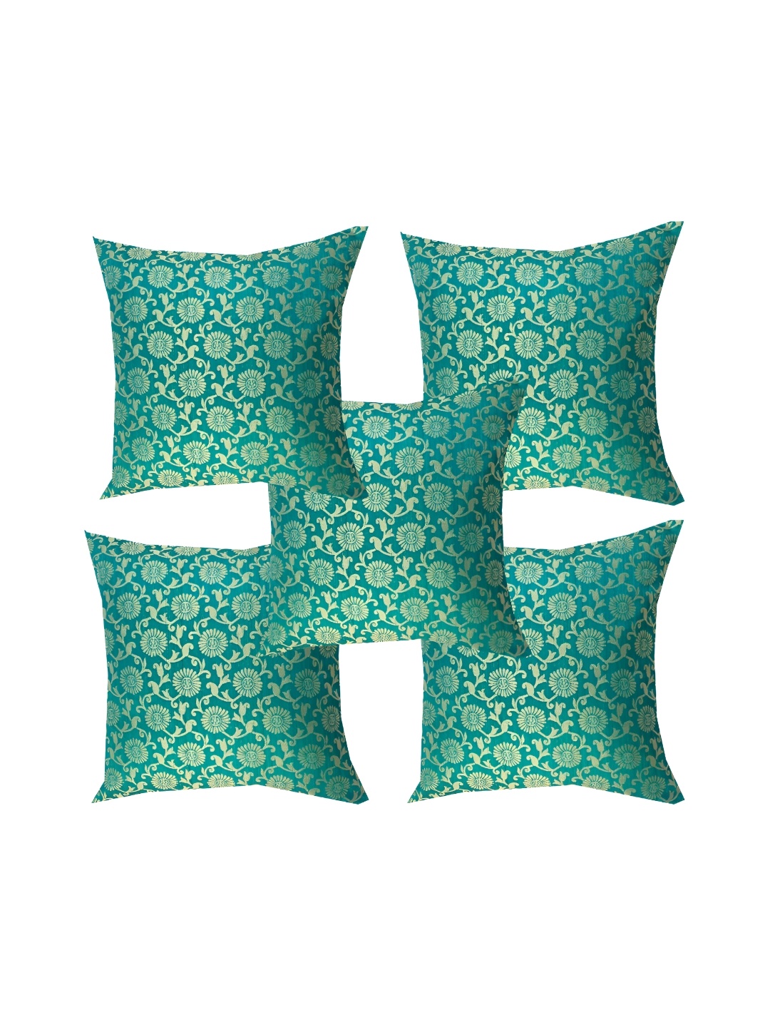 

Pink Parrot Sea Green & Gold-Toned Set of 5 Ethnic Motifs Square Cushion Covers