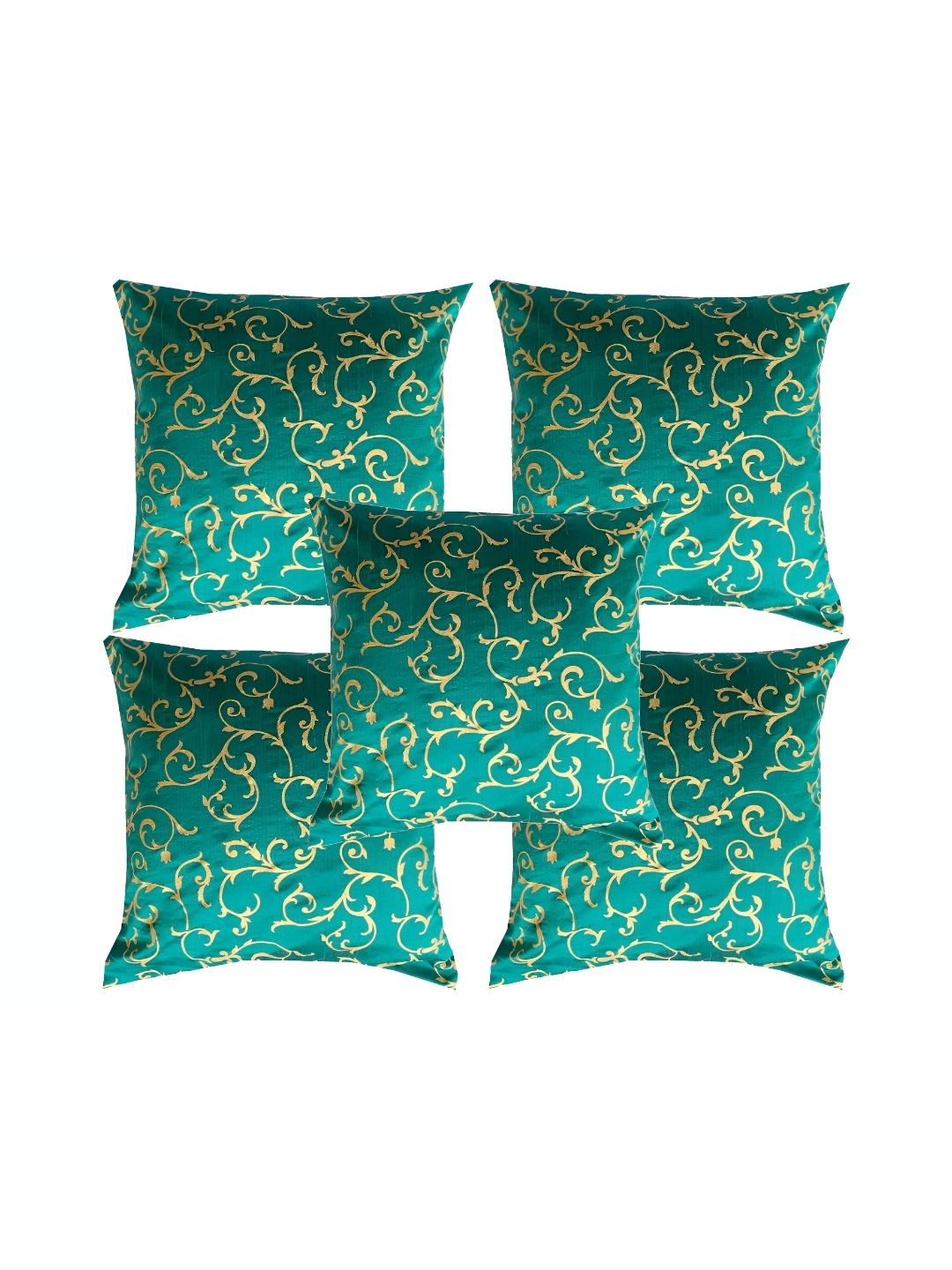 

Pink Parrot Green & Gold-Toned Set of 5 Ethnic Motifs Square Cushion Covers