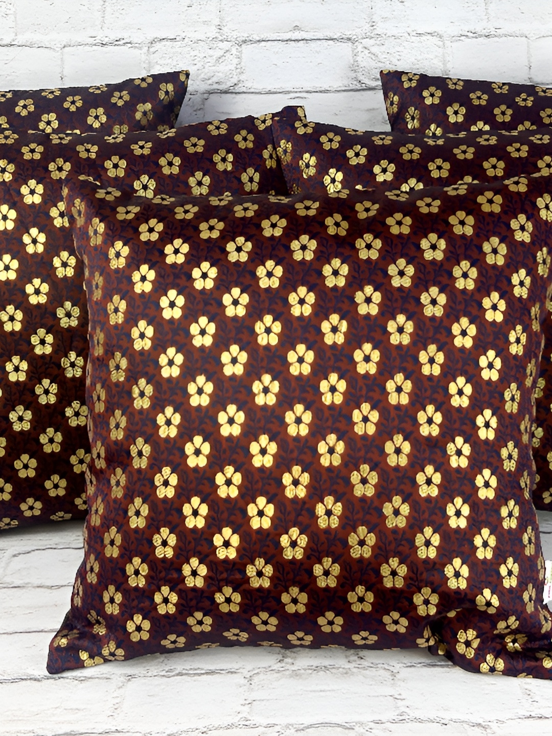 

Pink Parrot Brown & Gold Toned 5 Pieces Ethnic Motifs Printed Square Cushion Covers