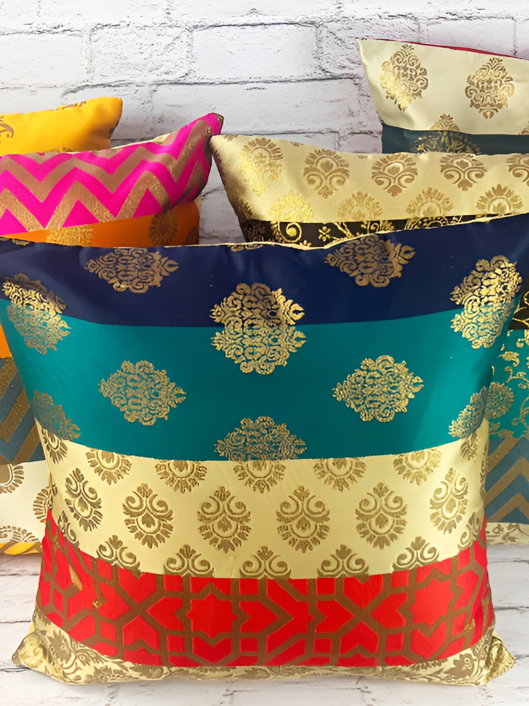 

Pink Parrot Green & Gold-Toned Set of 5 Ethnic Motifs Square Cushion Covers