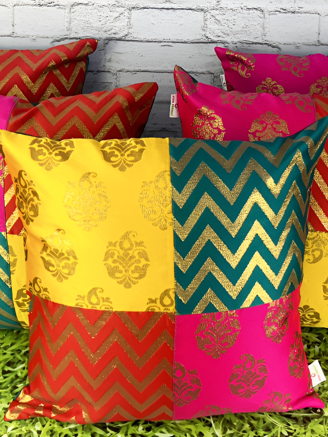 

Pink Parrot Yellow & Green Set of 5 Ethnic Motifs Square Cushion Covers