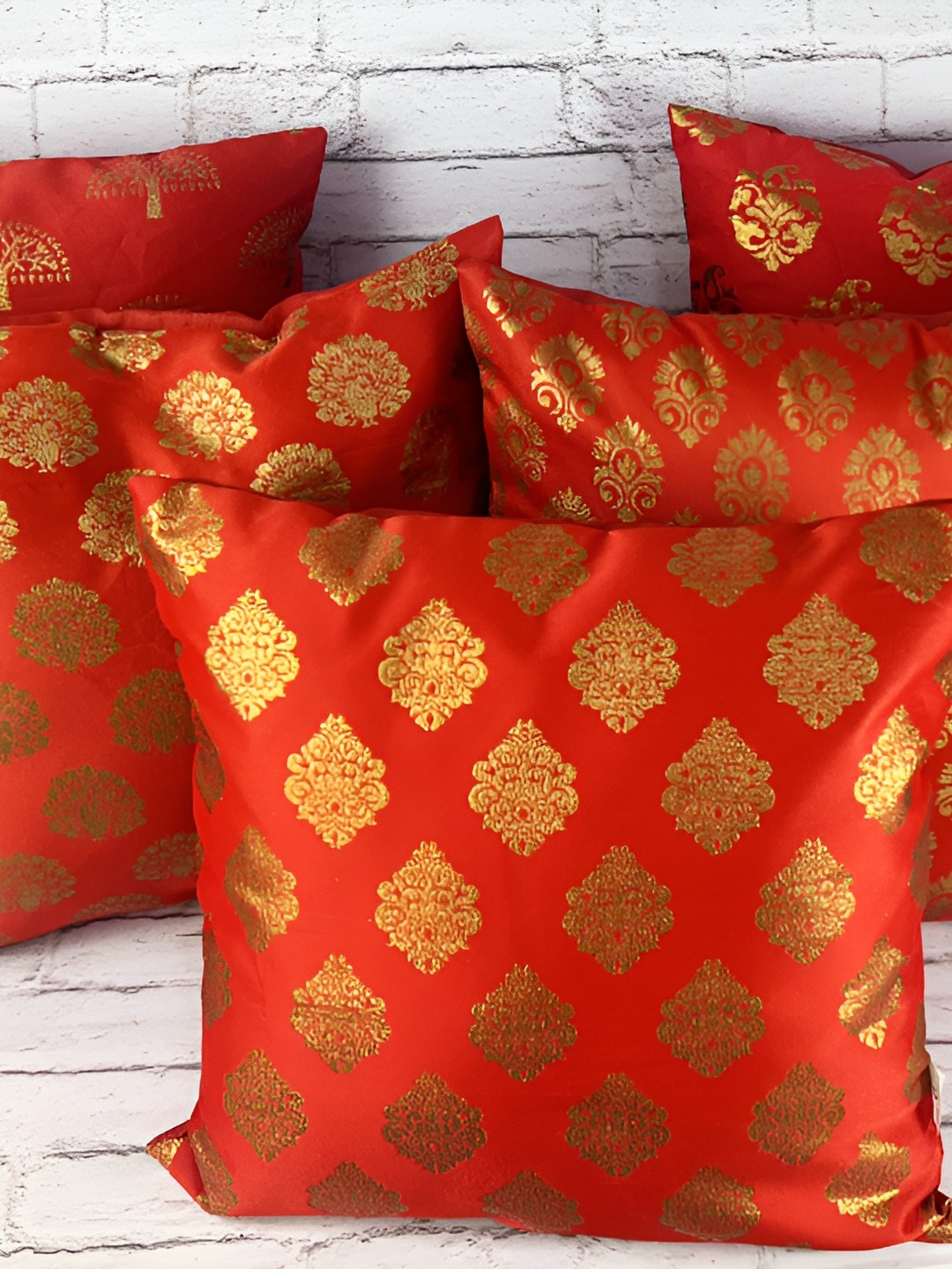 

Pink Parrot Red & Gold-Toned Set of 5 Ethnic Motifs Square Cushion Covers