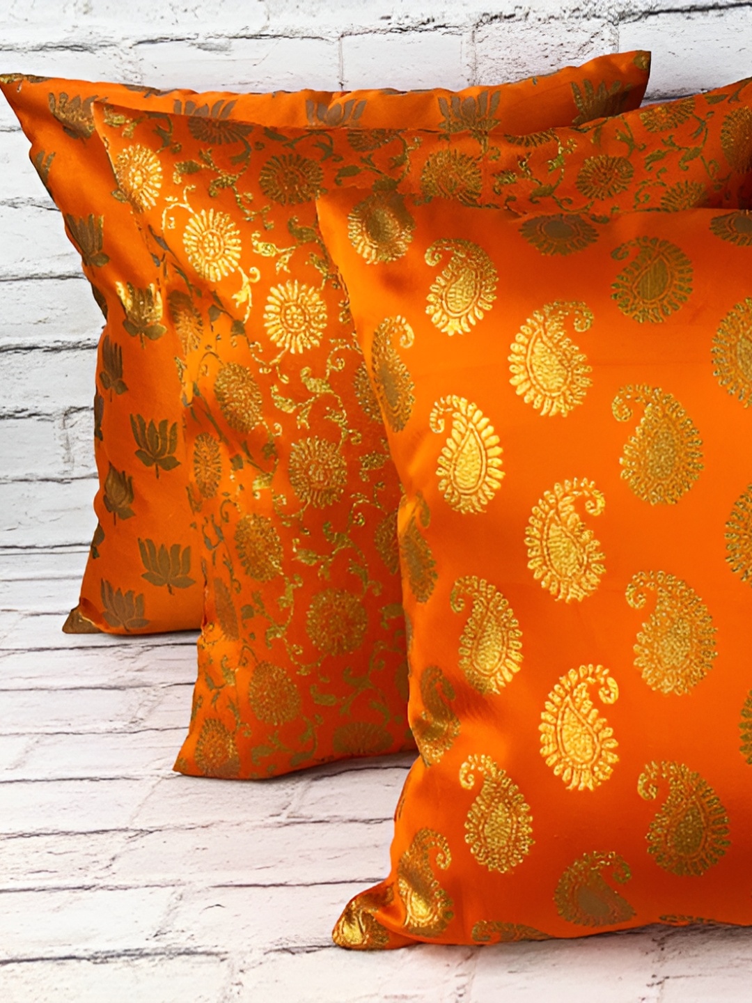 

Pink Parrot Orange & Gold-Toned Set of 5 Ethnic Motifs Square Cushion Covers