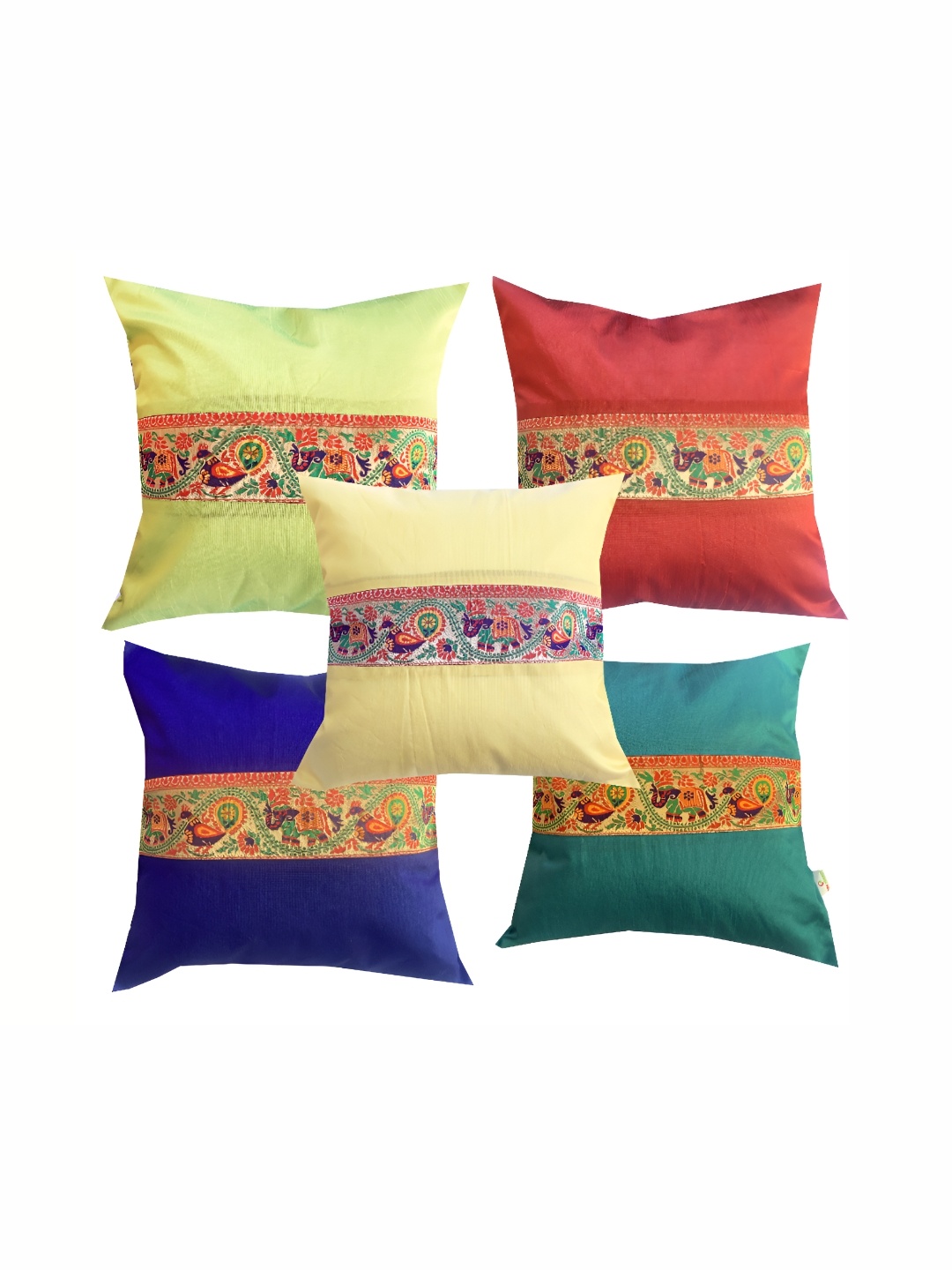 

Pink Parrot Navy Blue & Green Set of 5 Ethnic Motifs Square Cushion Covers