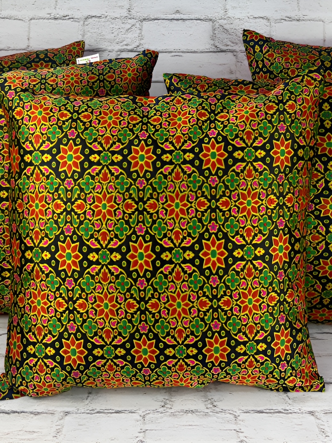 

Pink Parrot Green & Black Set of 5 Ethnic Motifs Square Cushion Covers