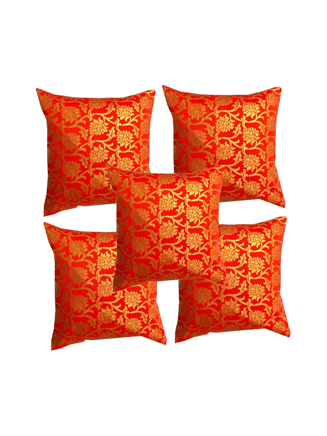 

Pink Parrot Orange & Gold-Toned Set of 5 Ethnic Motifs Square Cushion Covers