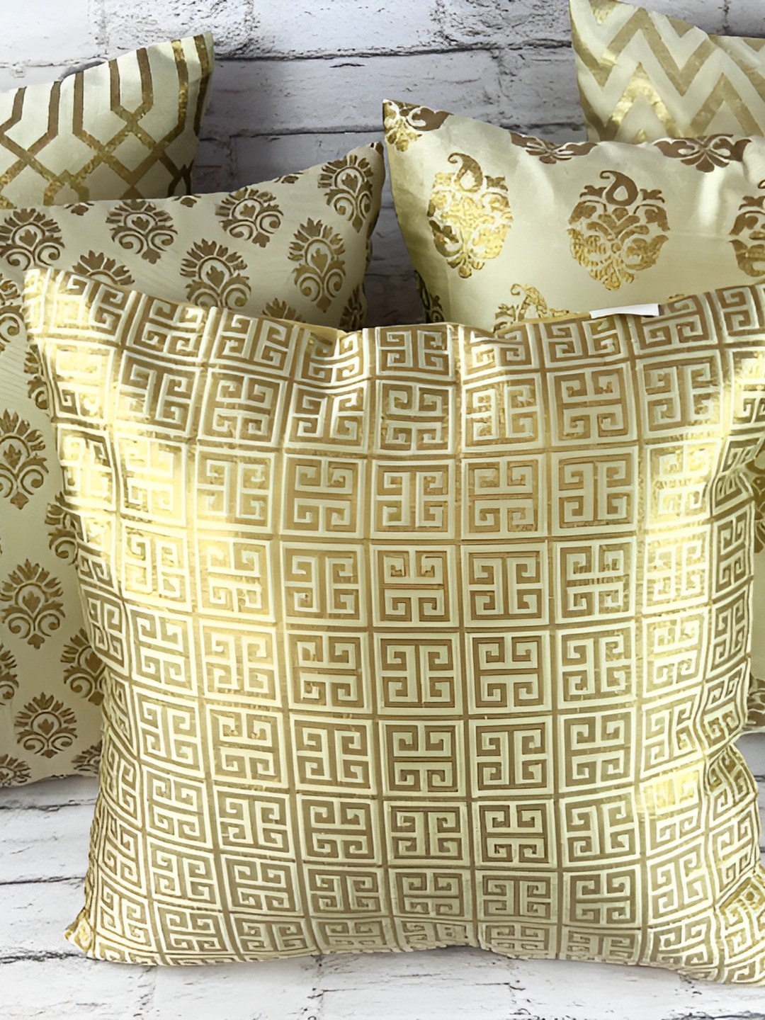 

Pink Parrot Gold-Toned & White Set of 5 Ethnic Motifs Square Cushion Covers