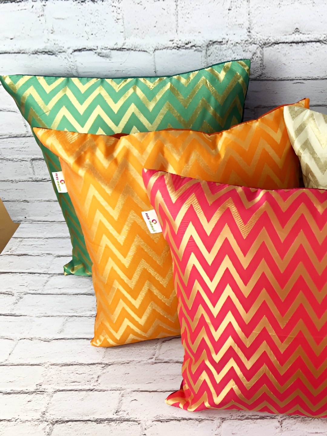 

Pink Parrot Red & Green Set of 5 Geometric Square Cushion Covers