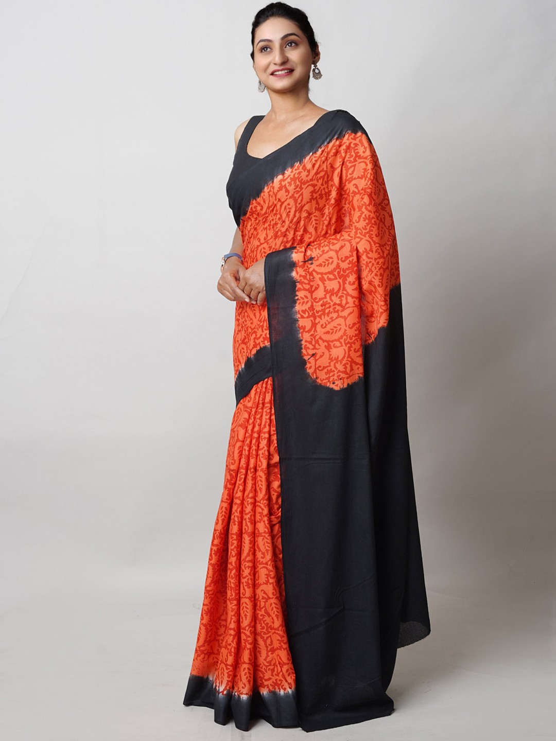 

Unnati Silks Paisley Printed Pure Cotton Block Print Saree, Orange