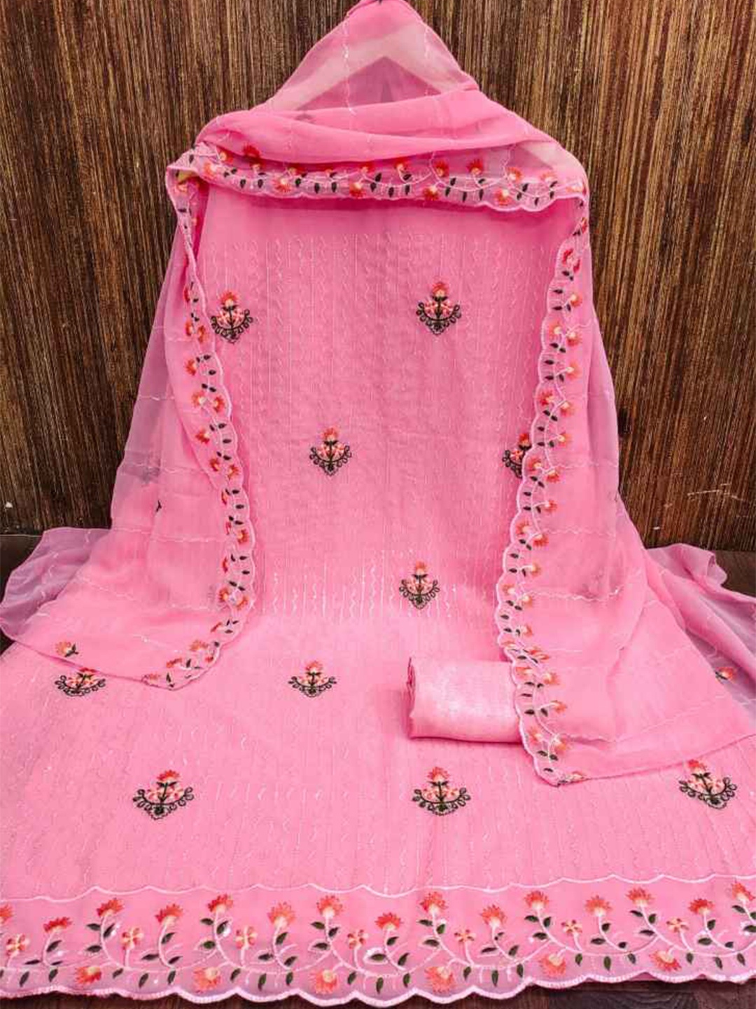 

faxofab Embroidered Silk Georgette Unstitched Dress Material, Pink