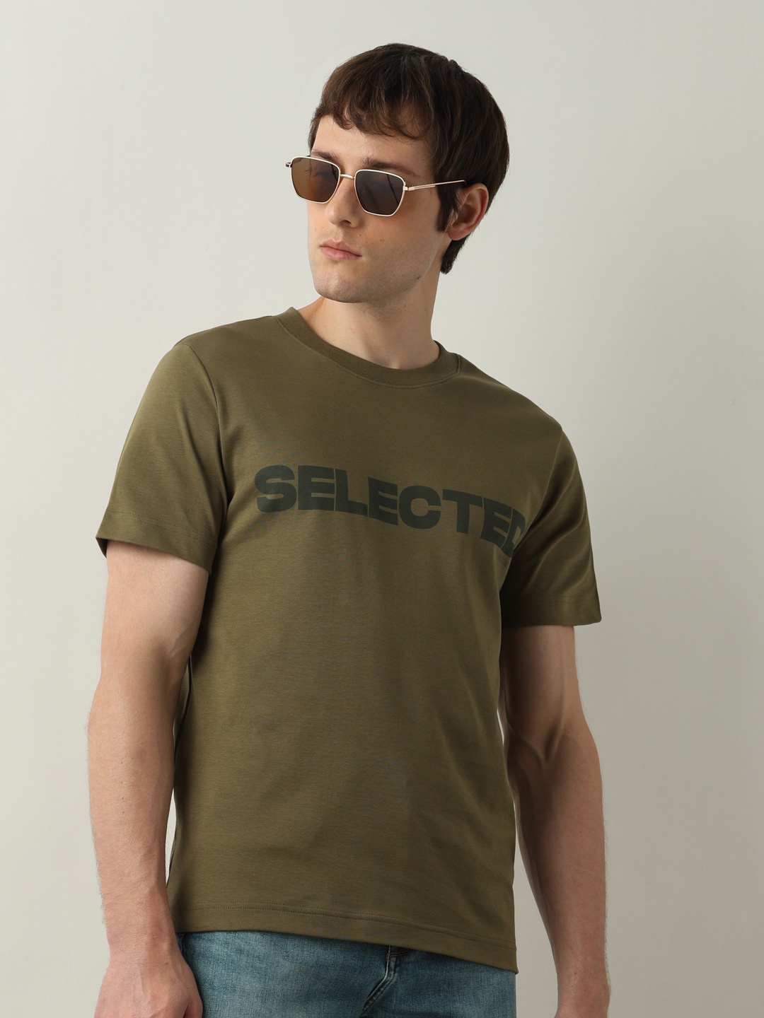 

SELECTED Typography Printed Pure Cotton Slim Fit T-shirt, Green