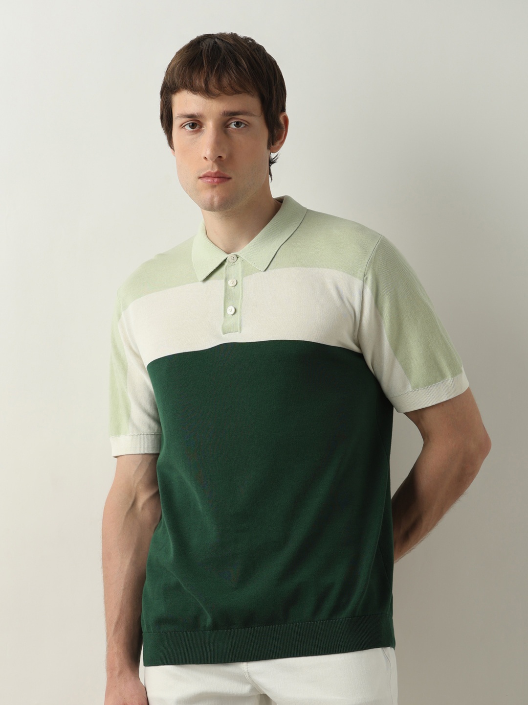 

SELECTED Colourblocked Polo Collar Organic Cotton T-shirt, Green