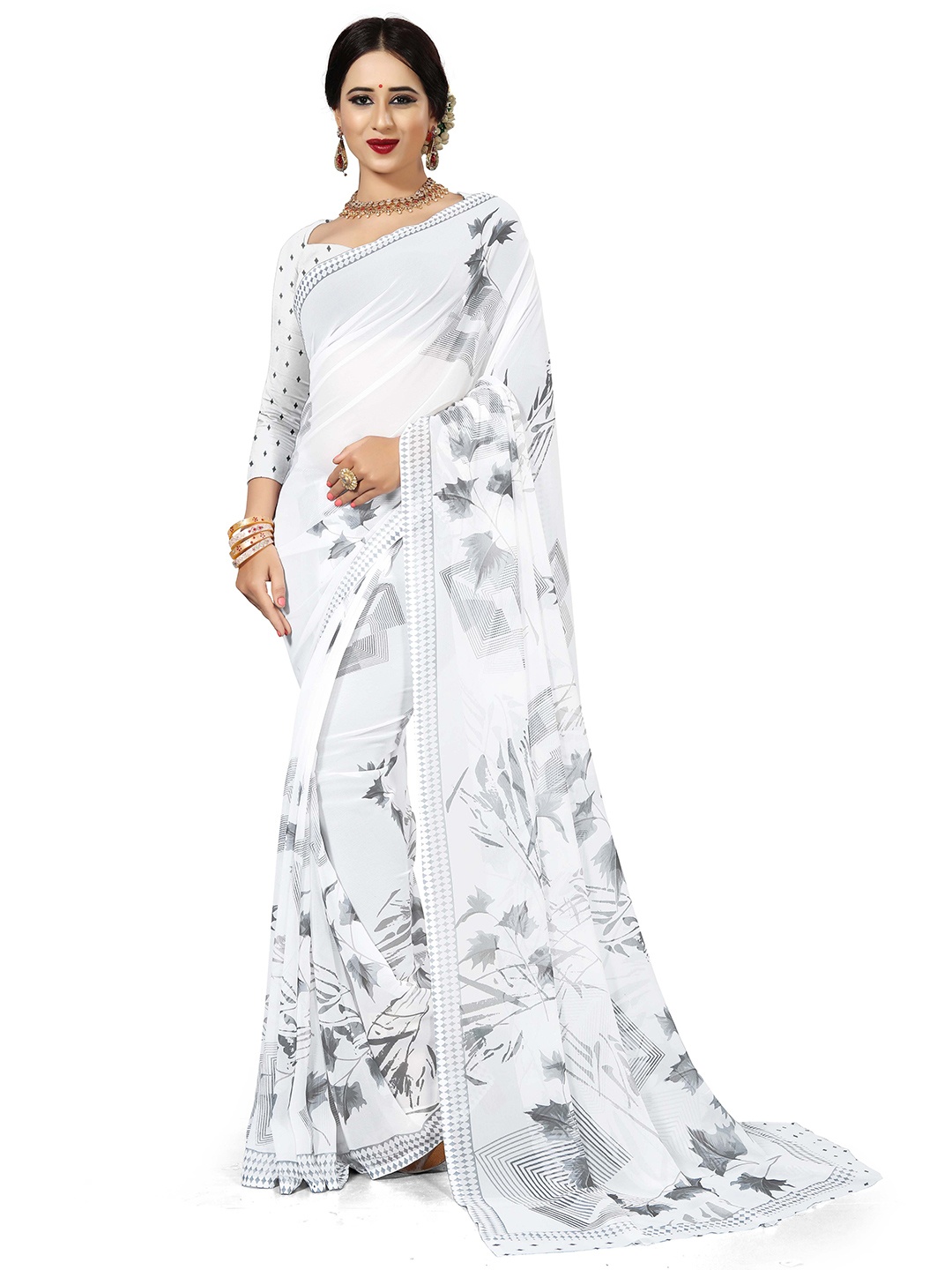 

MIRAAN Floral Printed Saree, White
