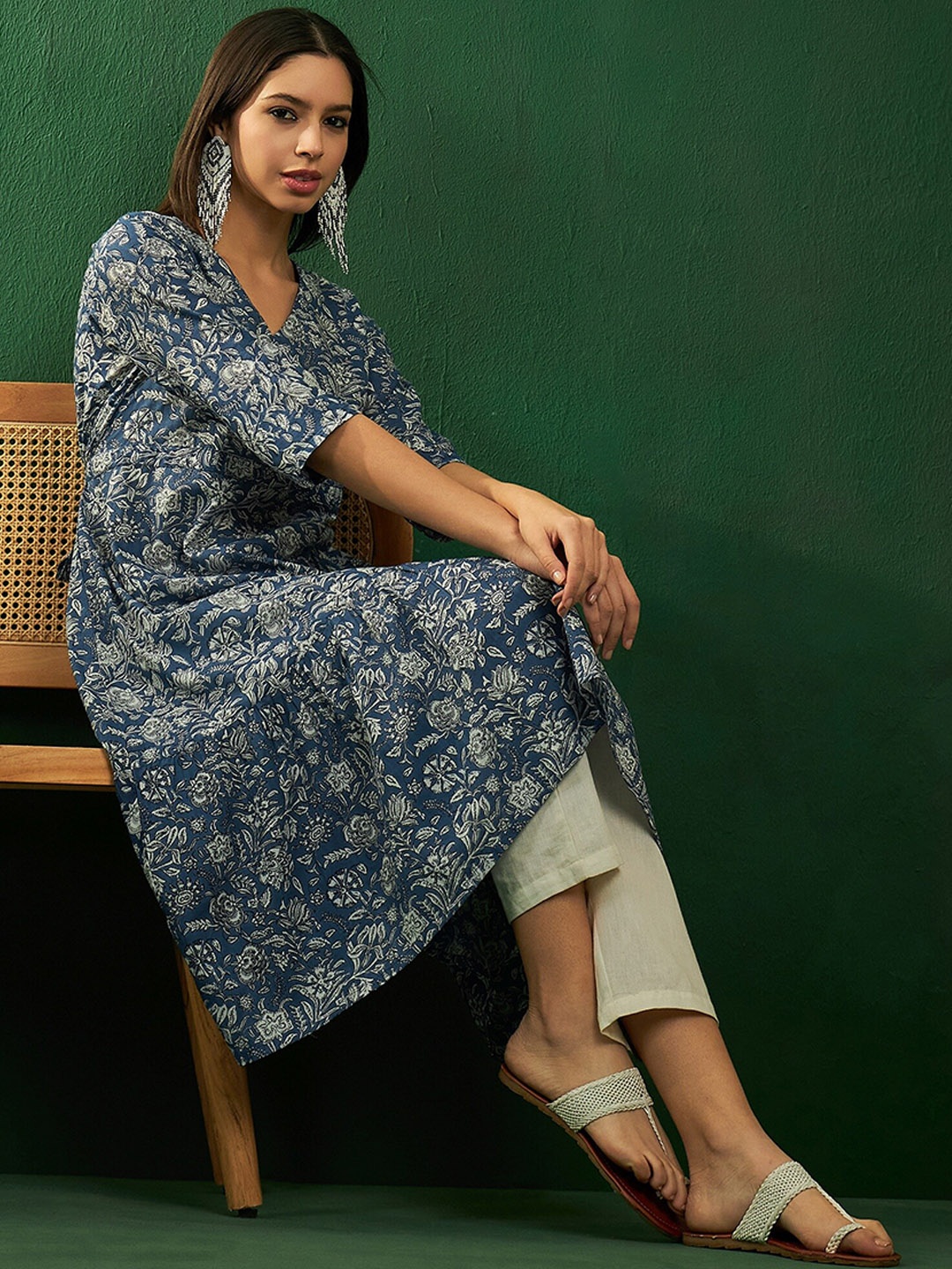 

Sangria Printed Cotton A-Line Kurta, Blue