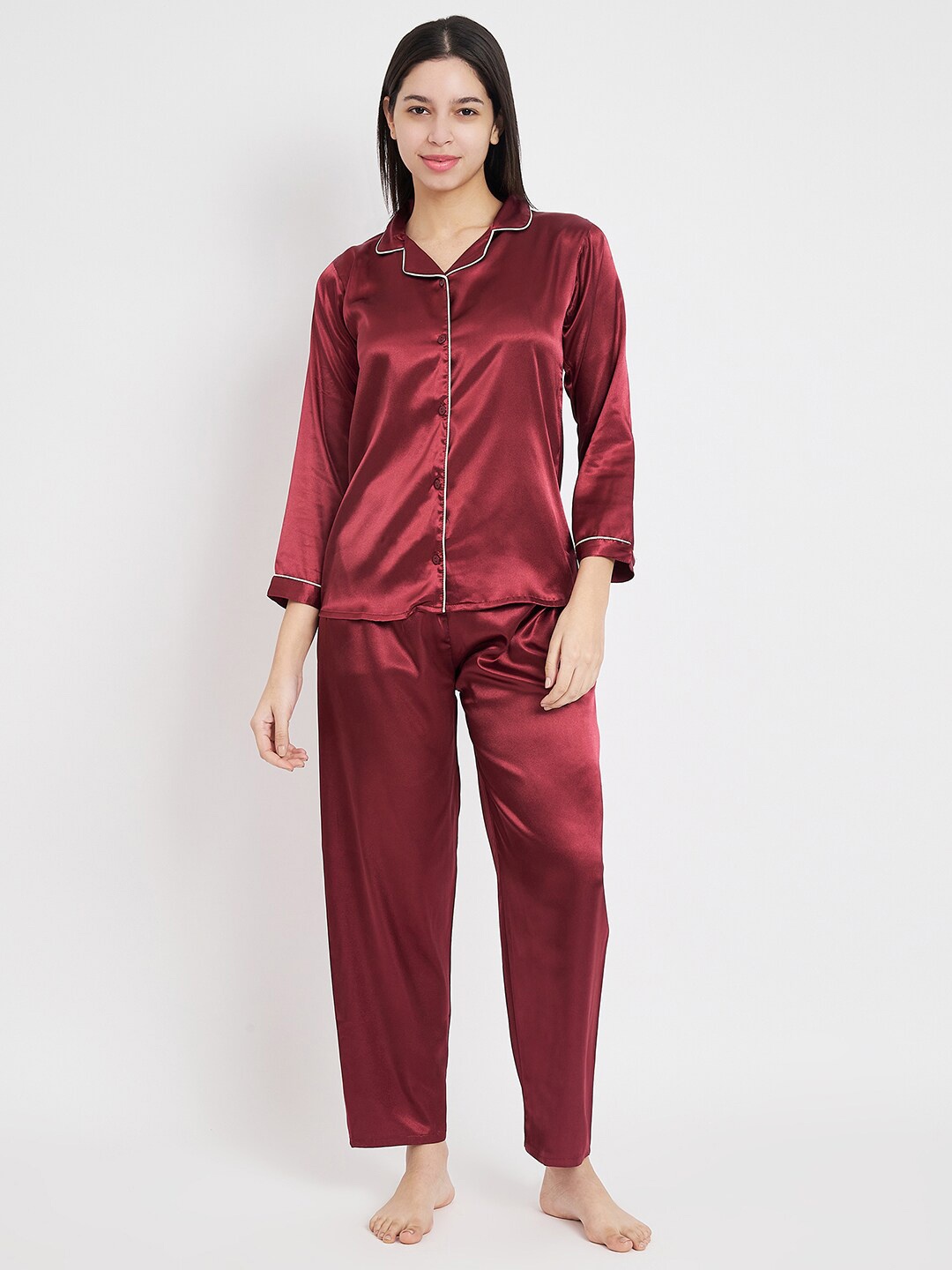 

KOI SLEEPWEAR Lapel Collar Long Sleeves Satin Shirt & Trousers, Maroon