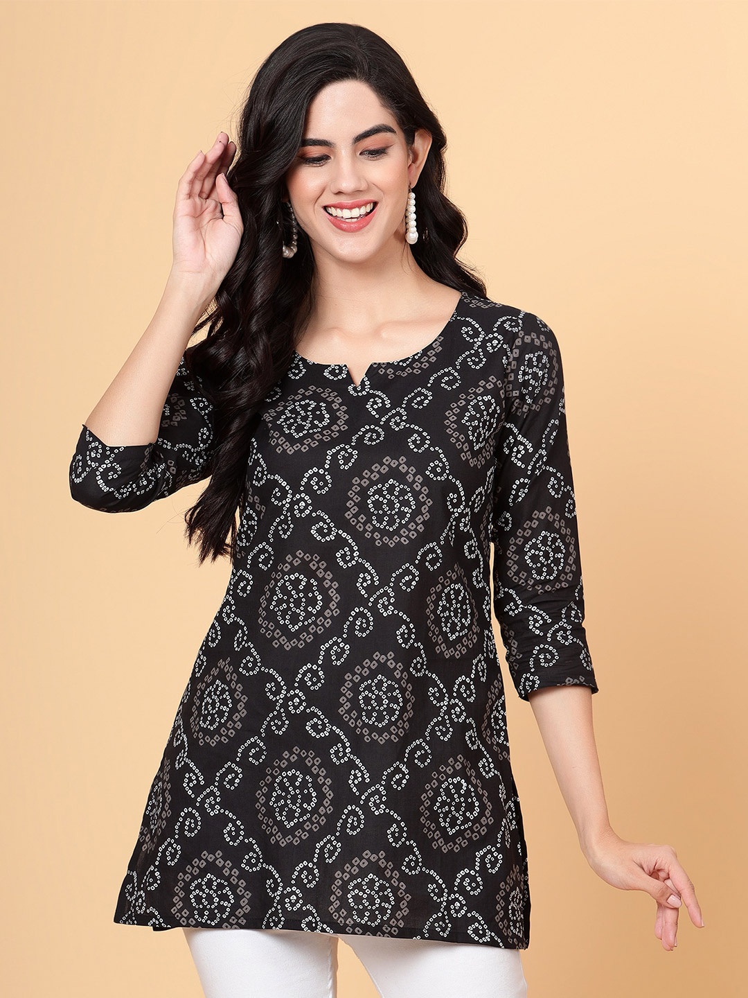 

Bani Women Bandhani Printed Pure Cotton Kurti, Black