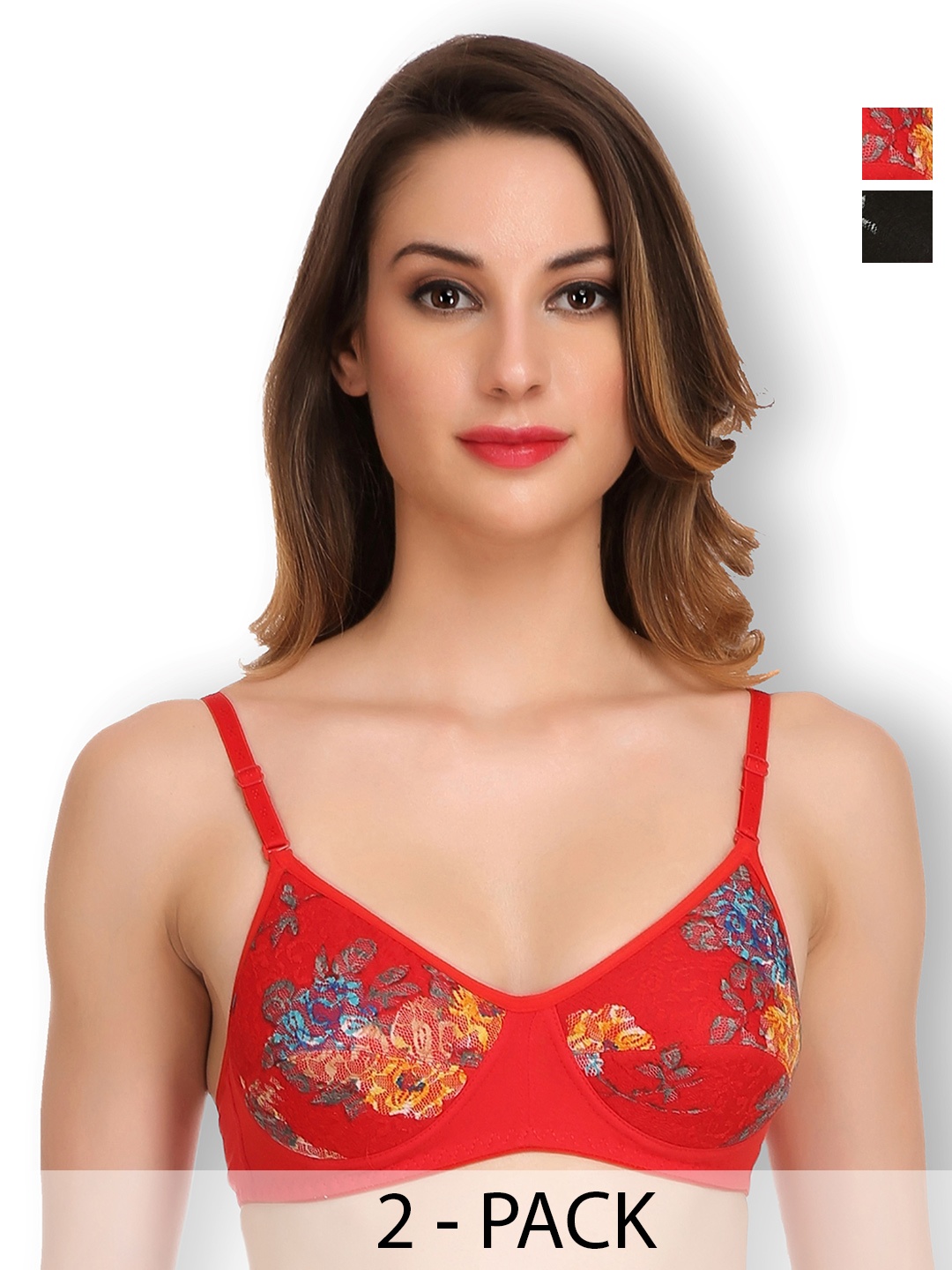 

SELFCARE Pack Of 2 Floral Print Anti Odour Cotton T-shirt Bra Full Coverage Lightly Padded, Red