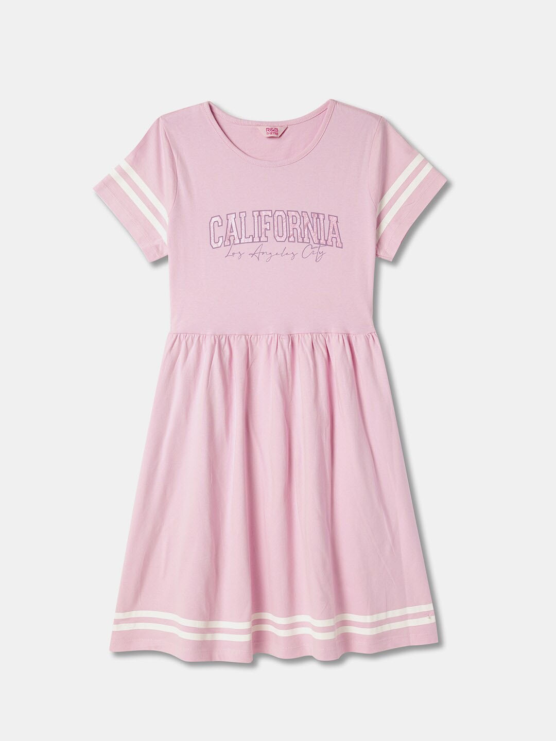 

R&B Girls Round Neck Striped Cotton A-Line Dress, Pink