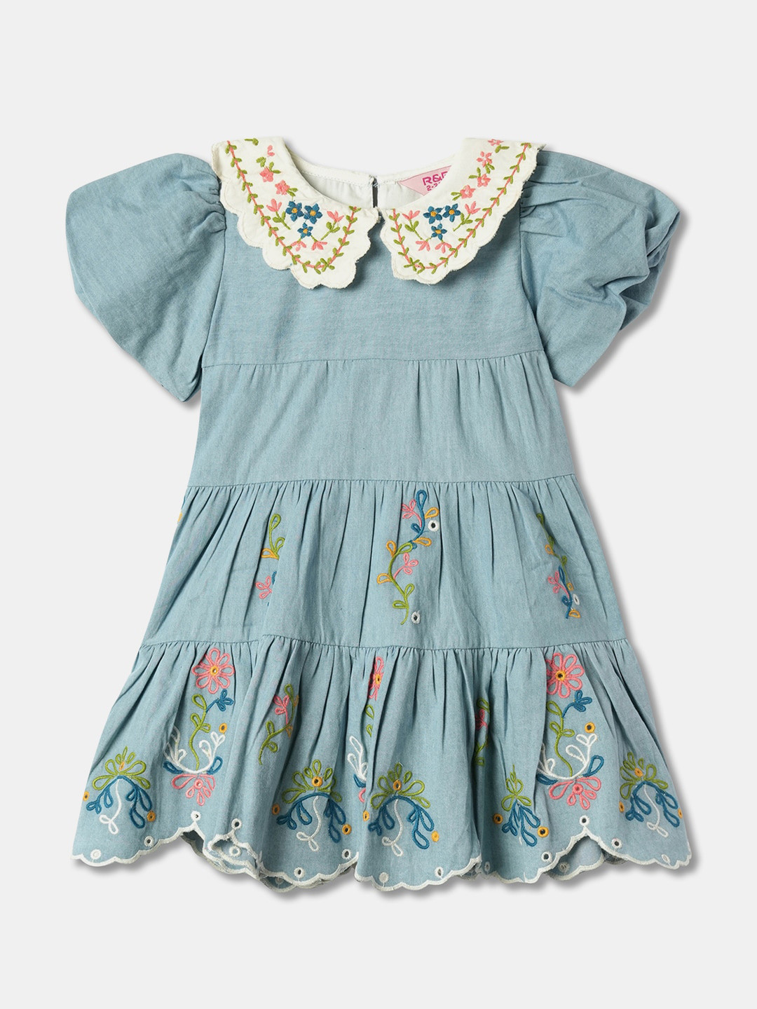 

R&B Girls Floral Print Peter Pan Collar Flutter Sleeve Cotton A-Line Dress, Blue