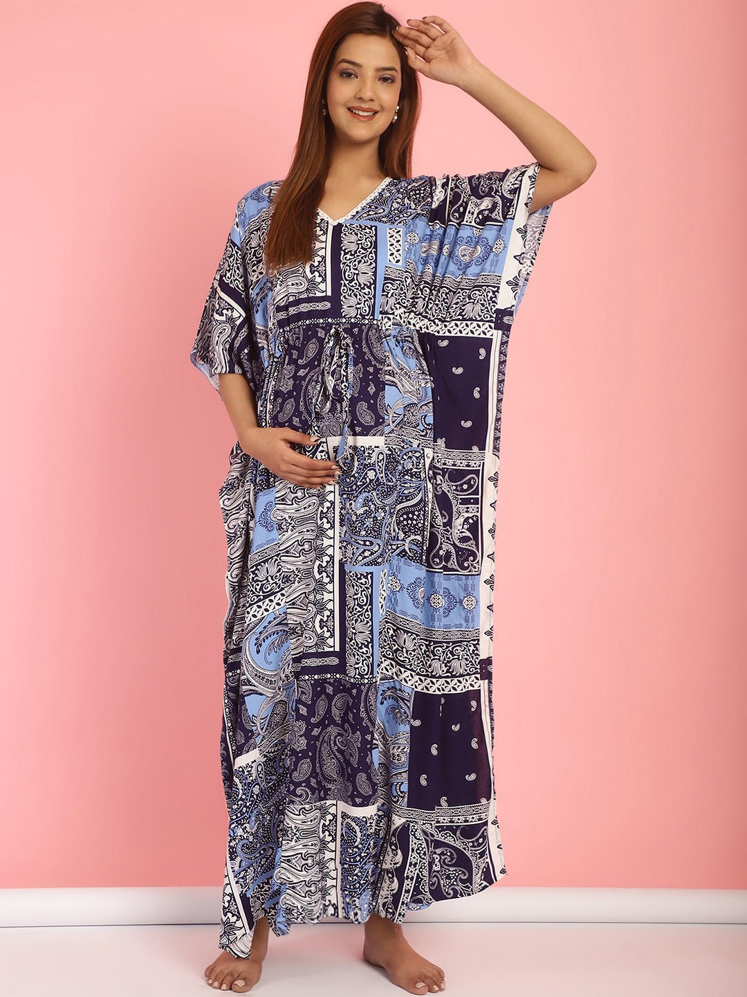 

Secret Wish Geometric Printed V-Neck Maxi Maternity Feeding Kaftan Nightdress, Blue