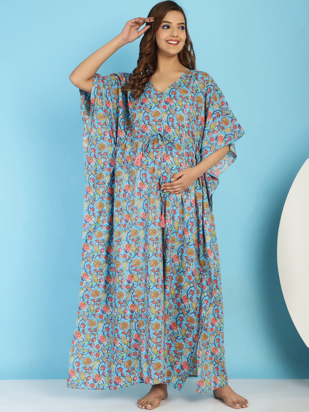 

Secret Wish Printed Maxi Pure Cotton Kaftan Maternity Nightdress, Blue