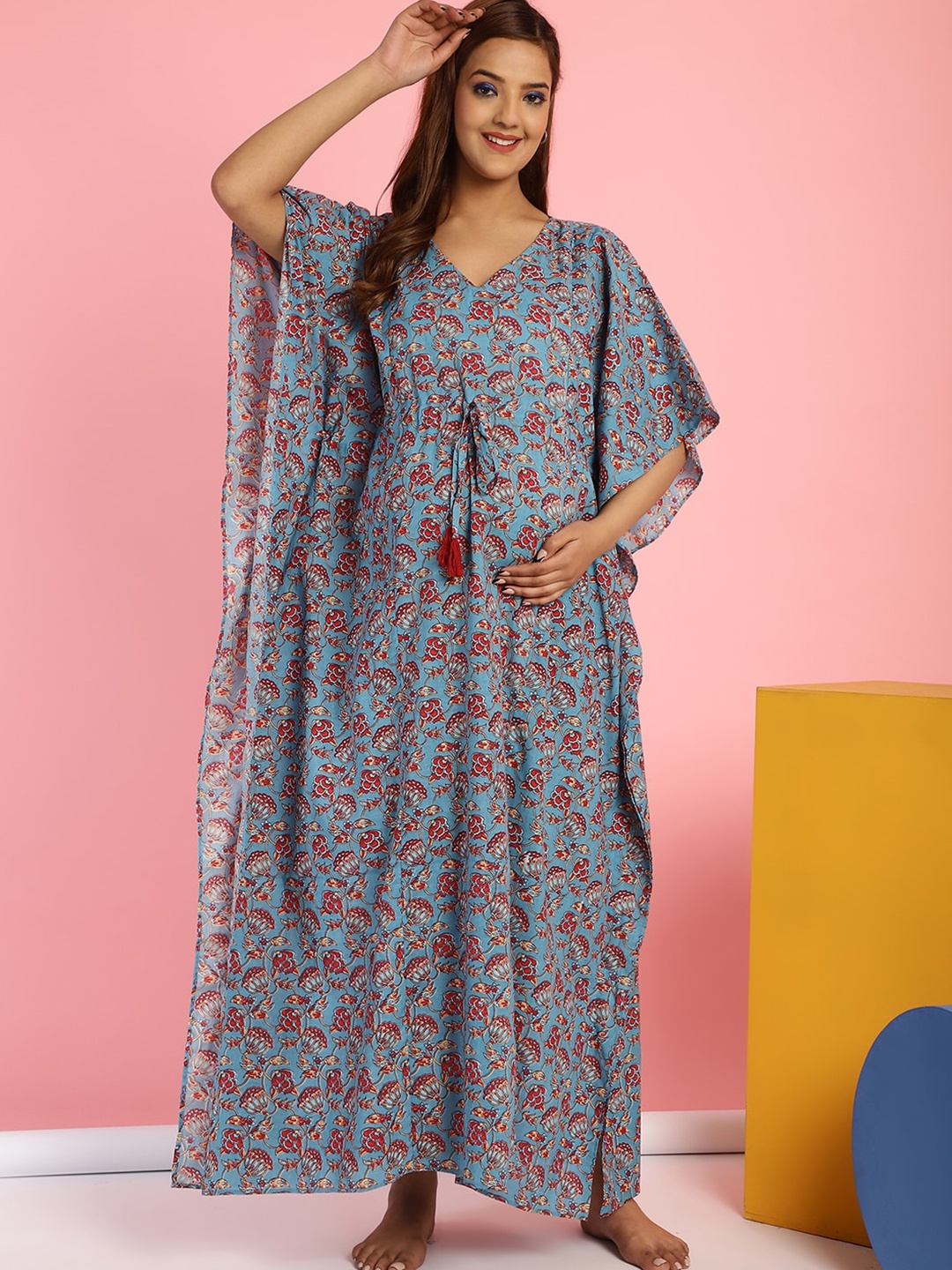 

Secret Wish Floral Printed V-Neck Pure Cotton Maxi Kaftan Nightdress, Blue