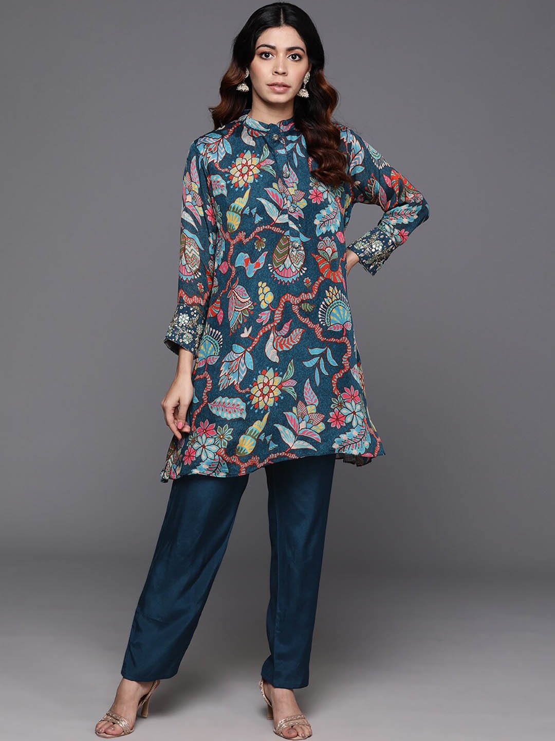 

Varanga Printed Pure Silk Tunic With Trouser Co-Ords, Blue