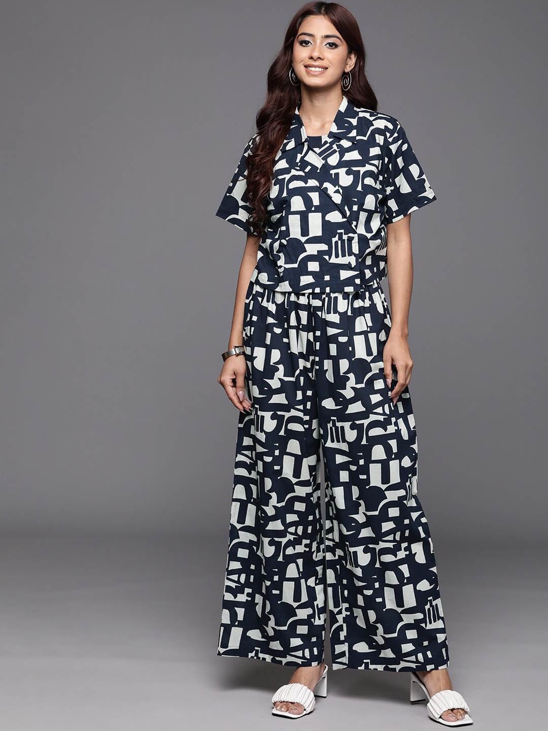 

Varanga Printed Pure Cotton Top With Palazzos Co-Ords, Navy blue