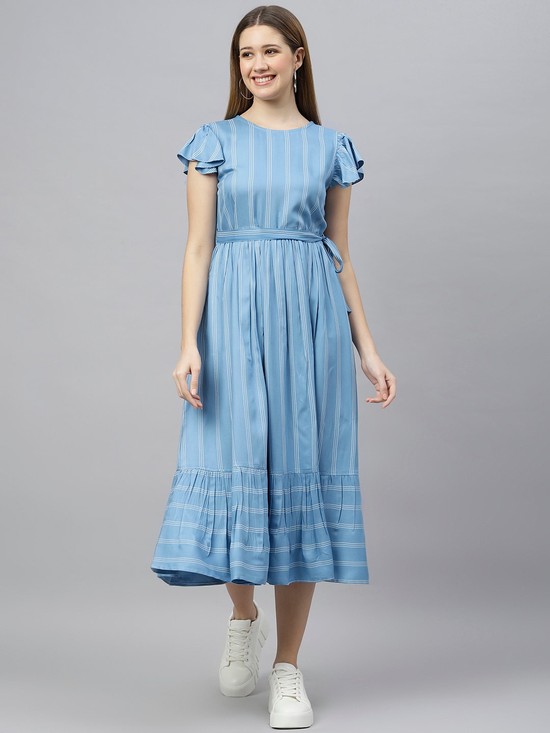 

Chemistry Print Crepe Striped Printed Round Neck Fit & Flare Midi Dress, Blue