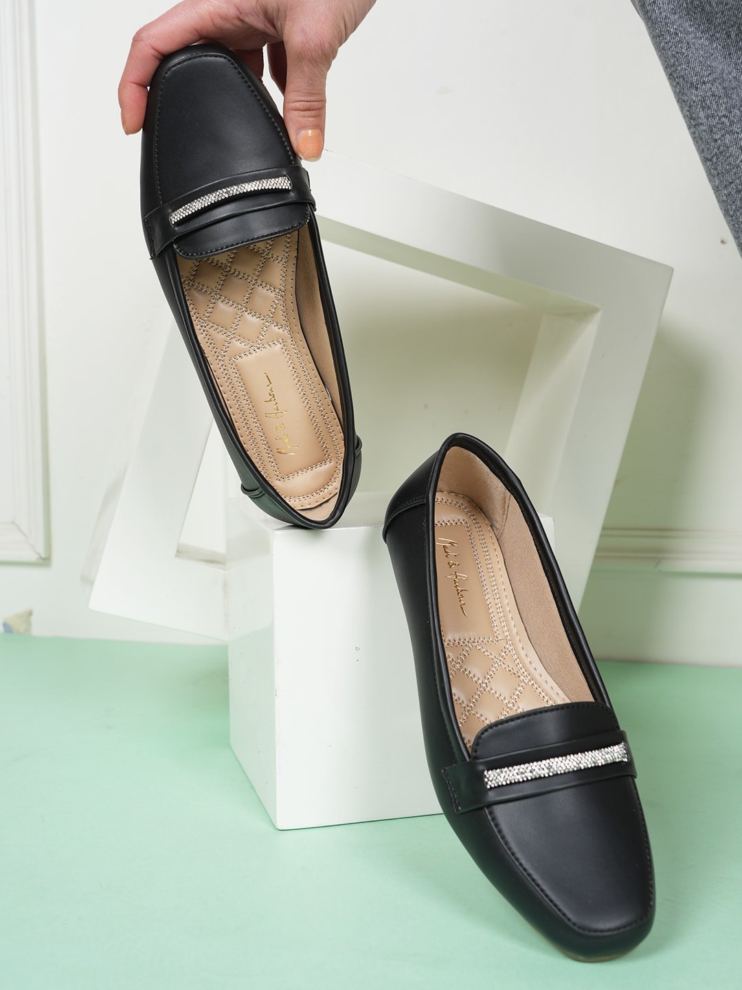 

Mast & Harbour Black Embellished Round Toe Ballerinas