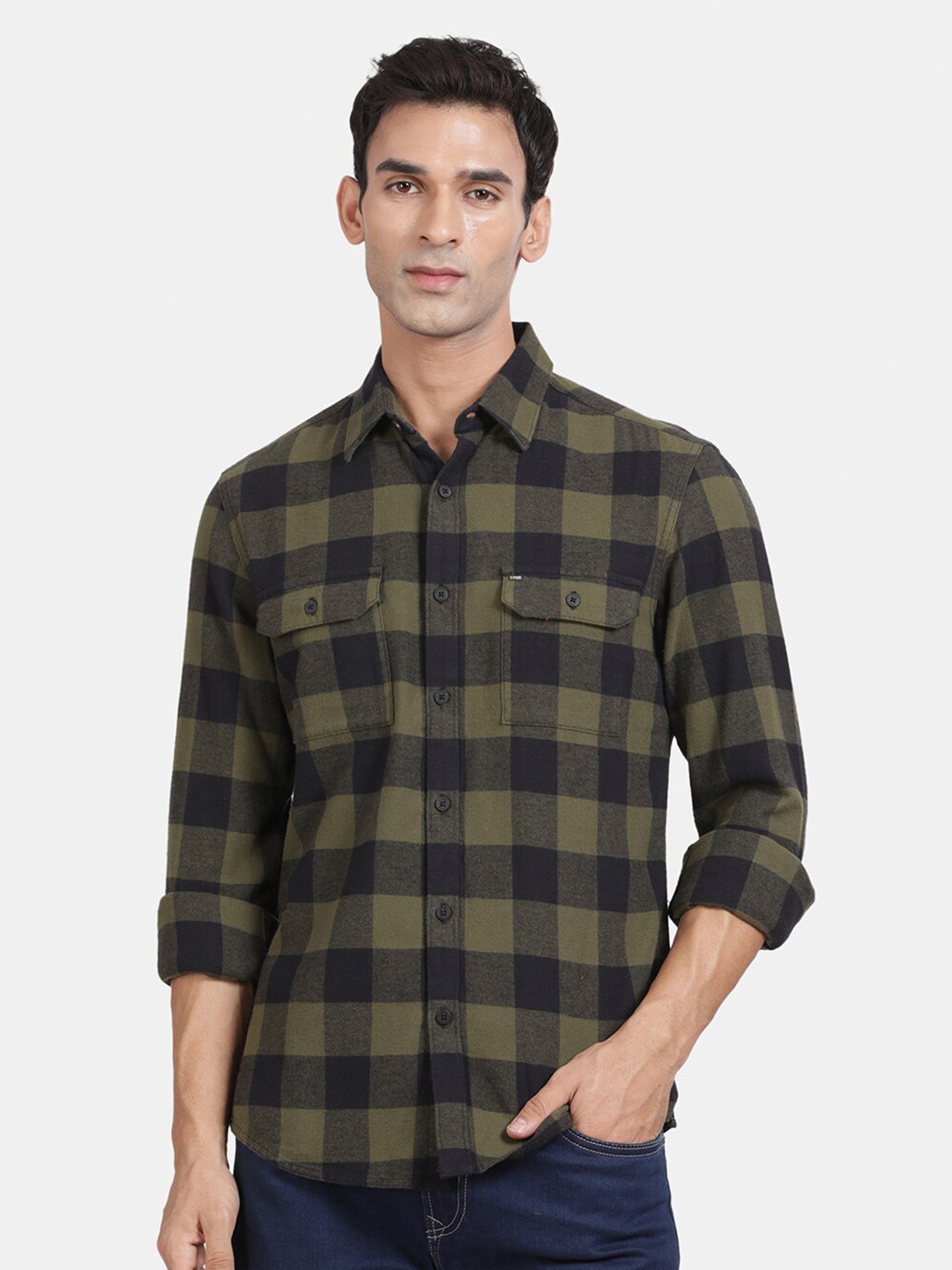 

t-base Spread Collar Long Sleeves Buffalo Checks Cotton Checked Casual Shirt, Green