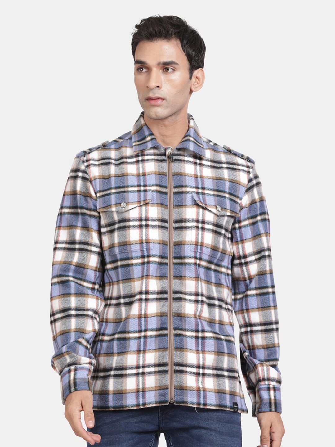 

t-base Spread Collar Long Sleeves Tartan Checks Regular Fit Casual Shirt, Blue
