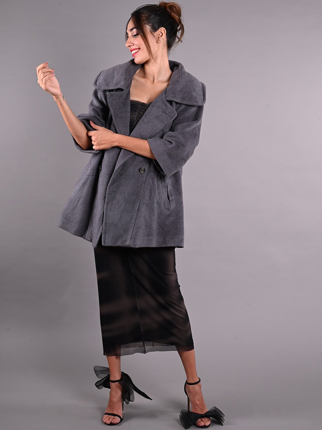

ODETTE Women Geometric Striped Woollen Longline Tailored Jacket, Grey