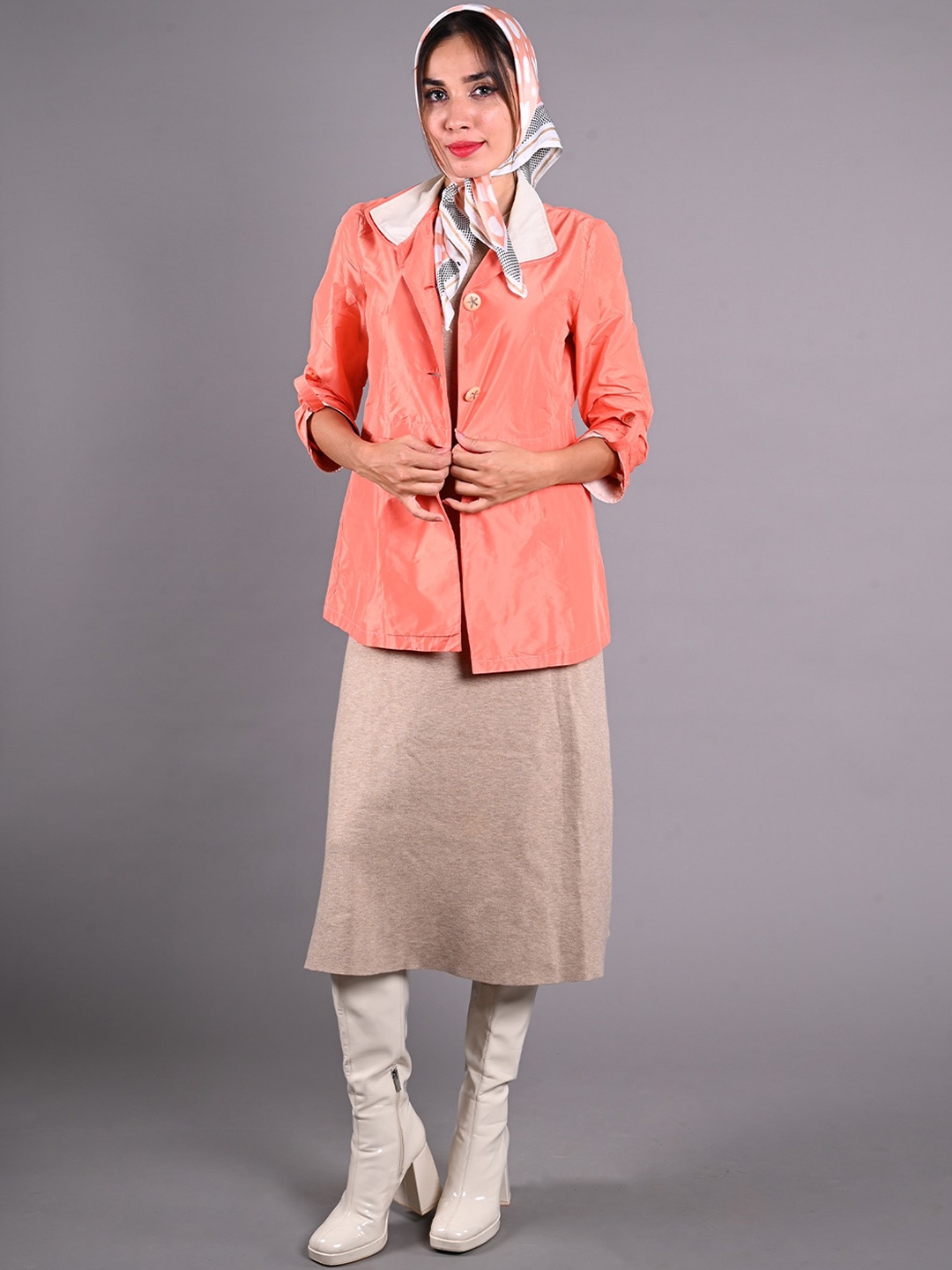 

ODETTE Women Geometric Longline Open Front Jacket, Orange