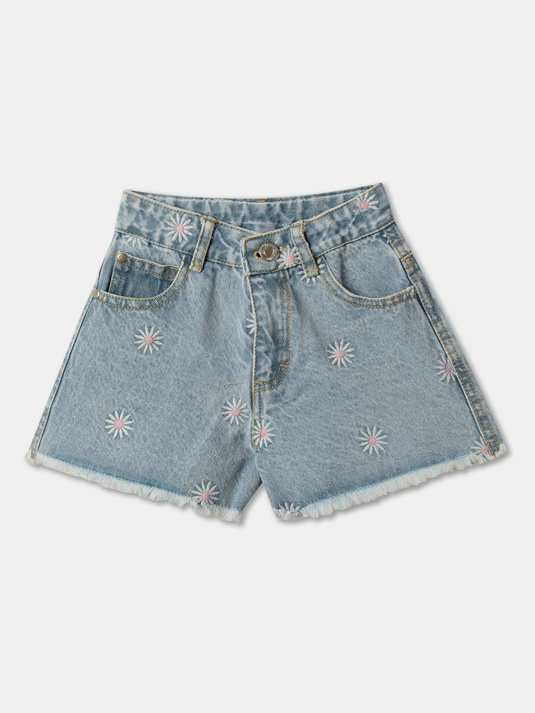 

R&B Girls Floral Washed Denim Shorts, Blue