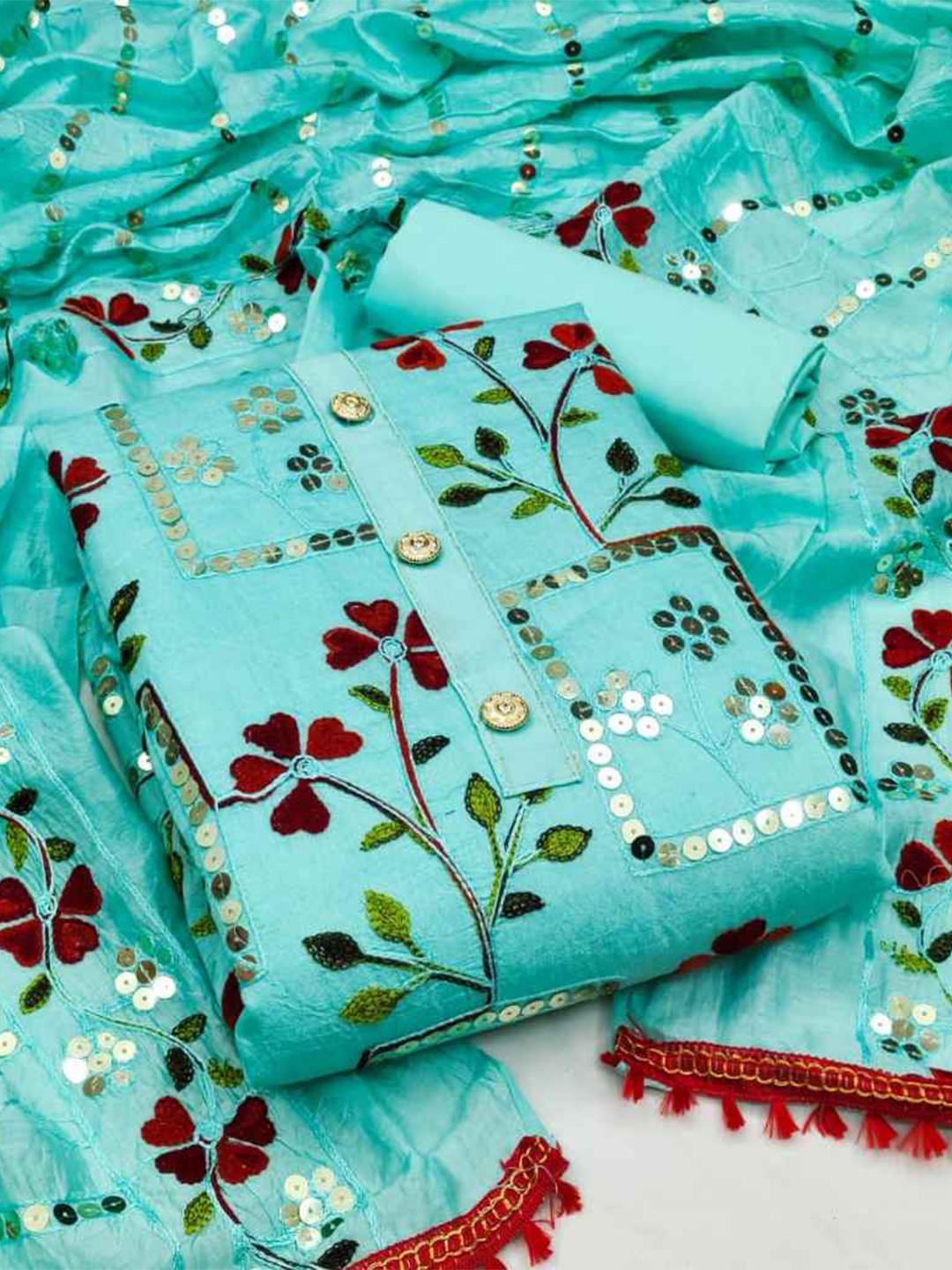 

faxofab Ethnic Motifs Unstitched Dress Material, Blue